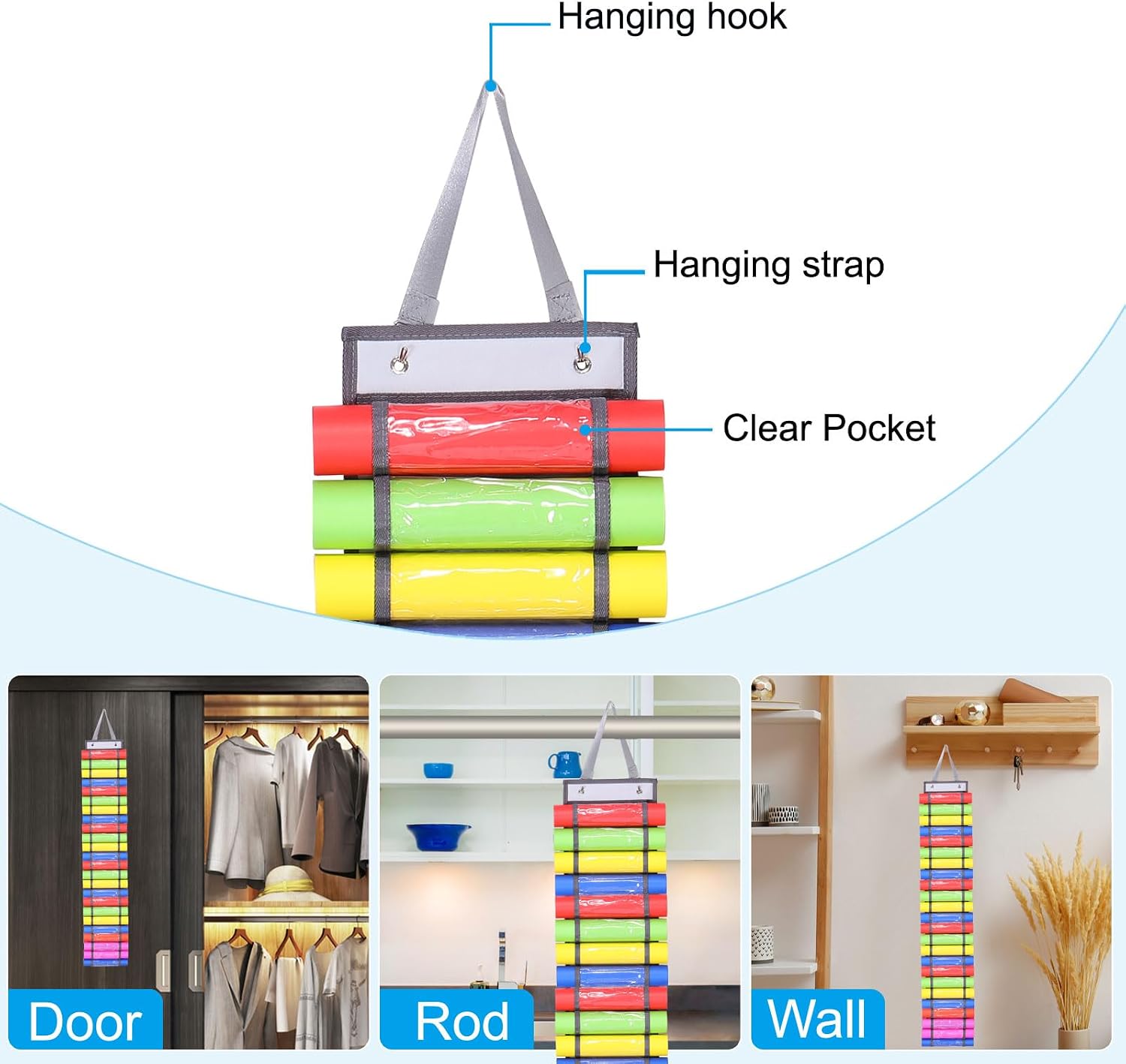 PATIKIL 24 Compartments Vinyl Roll Holder, Vinyl Storage Organizer Wall Mount/Over Door Roll Storage with 2 Hooks and Hanging Strap for Home Room, Gray