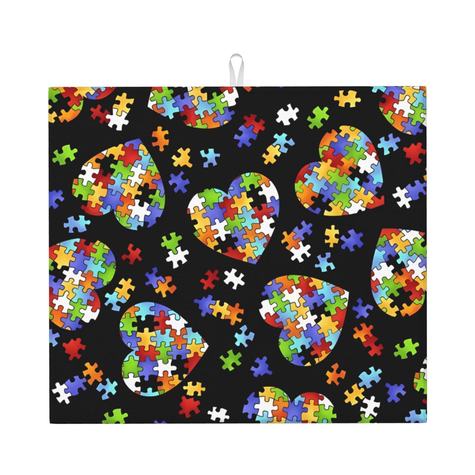 WHJDPP Autism Awareness Puzzle Pieces Heart Prints Kitchen Drying Mat - Absorbent Dish Drying Throw with Colorful Prints, Quick-Dry Countertop Layer for Dishes & Appliances - Non-Slip & Foldable