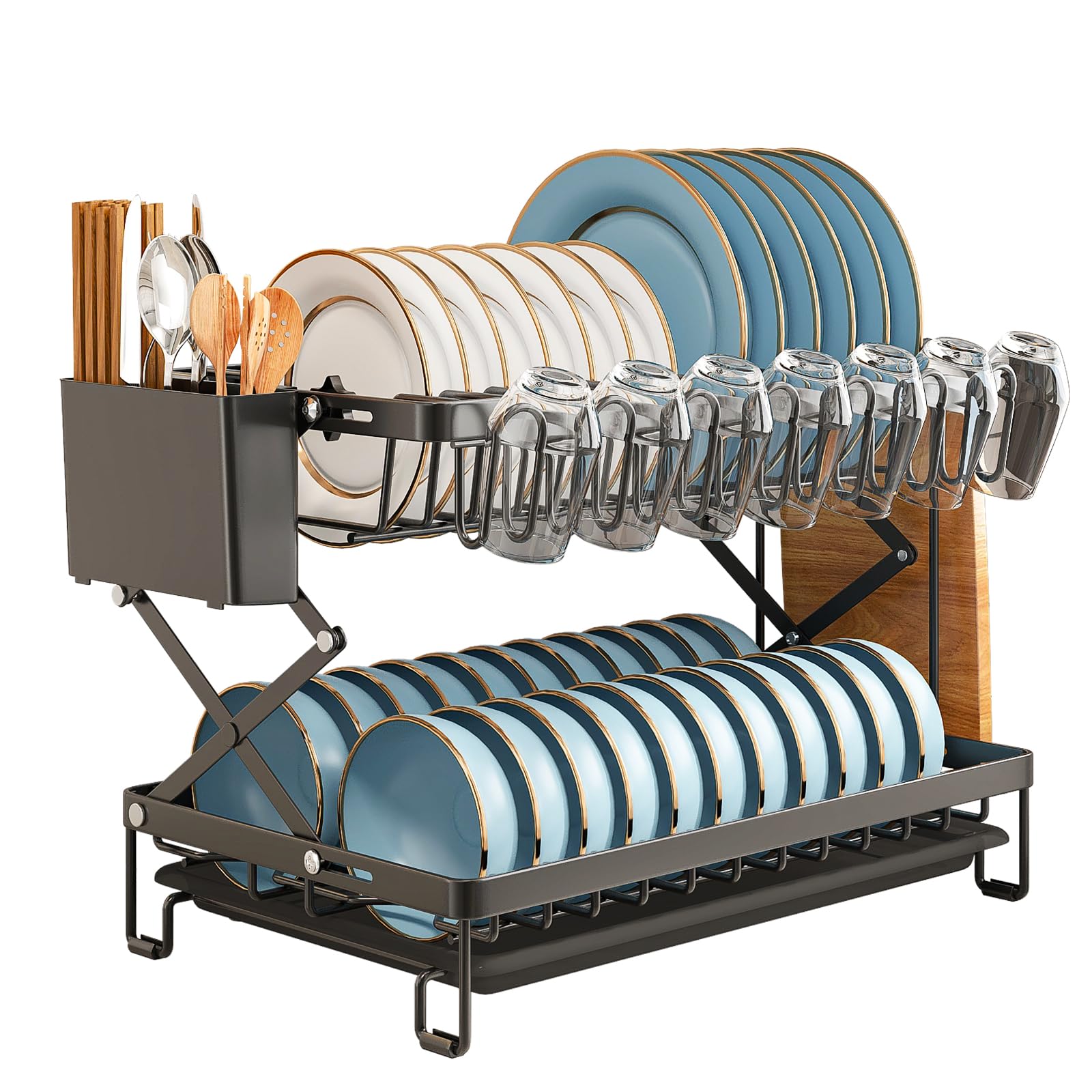 Hoisimdy Dish Drying Rack 2 Tier Dish Rack Large Capacity Kitchen Dish Drainer Folding with Drip Tray Cup Cutlery Drying Rack 42cm (Black)