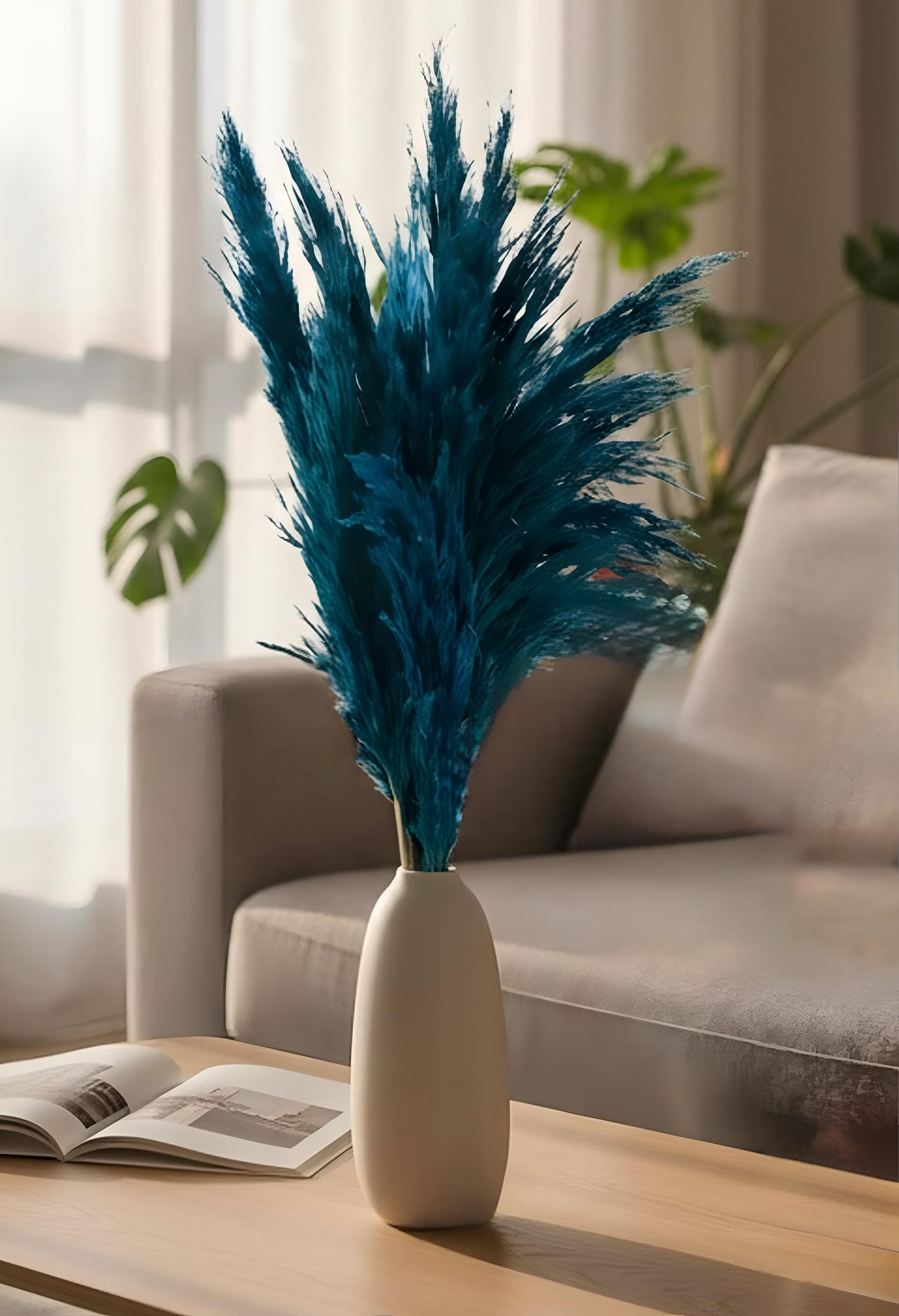 Extra Fluffy Blue Pampas Grass - 5 Piece Preserved Blue Pampas Plumes for Boho Home Decor, Tall Vase Filler, and Modern Wedding Table Centerpieces-image-7