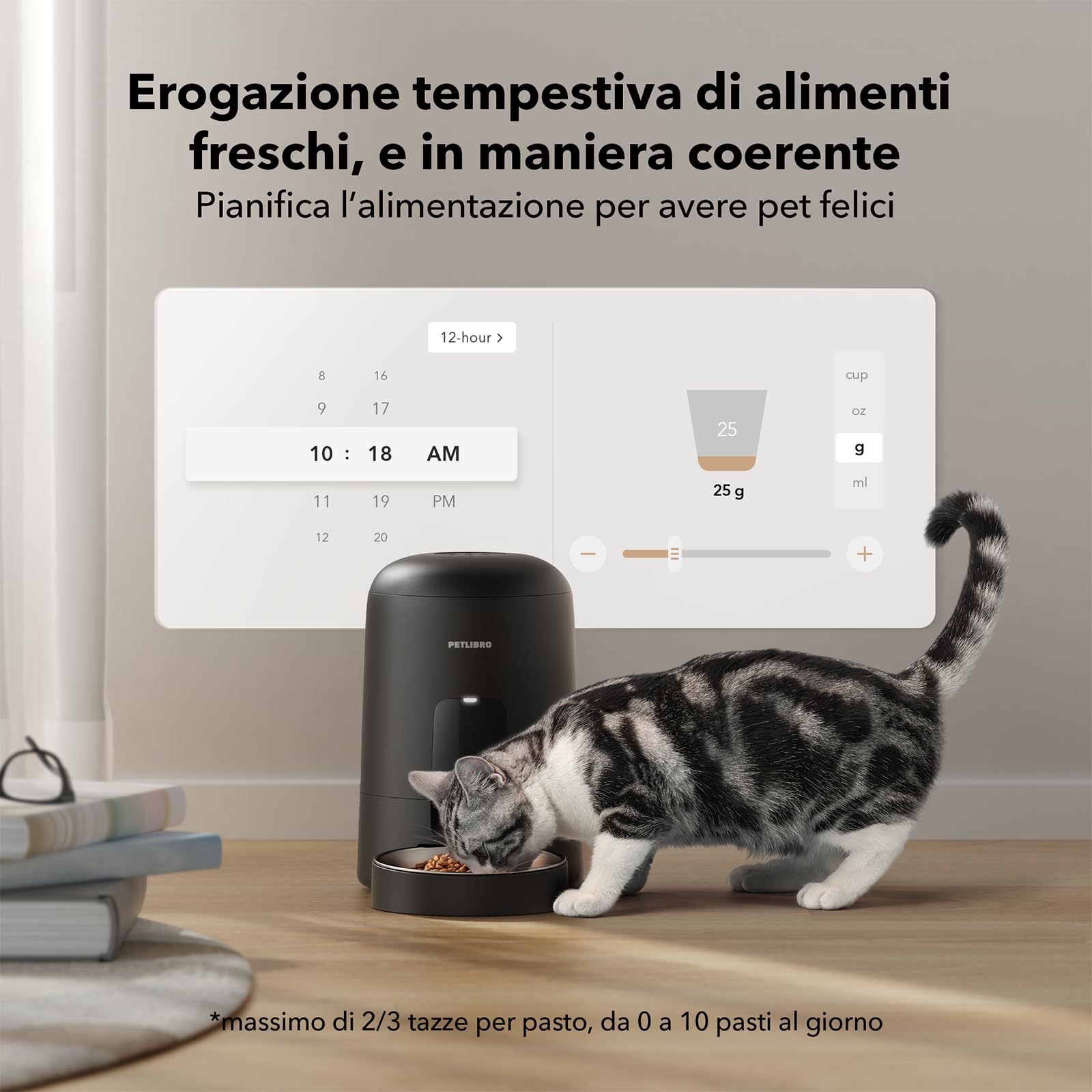 PETLIBRO 2.4G WiFi Distributore Automatico Cibo Gatti con Batteria, Distributore Automatico Cibo Cani Senza Fili in Acciaio Inox, Mangiatoia Intelligente per Gatto, APP Controllo, 1-10 Pasti, 2L,Nero