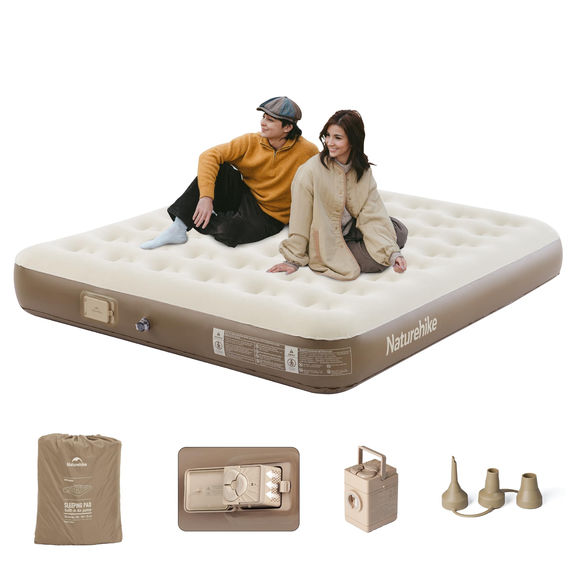 Naturehike Matelas Pneumatique Auto-Gonflant 2 Personnes 200x150x25 cm Pompe Électrique Intégrée 300 kg Charge Max Lit d'Invite Confortable pour Camping et Domicile