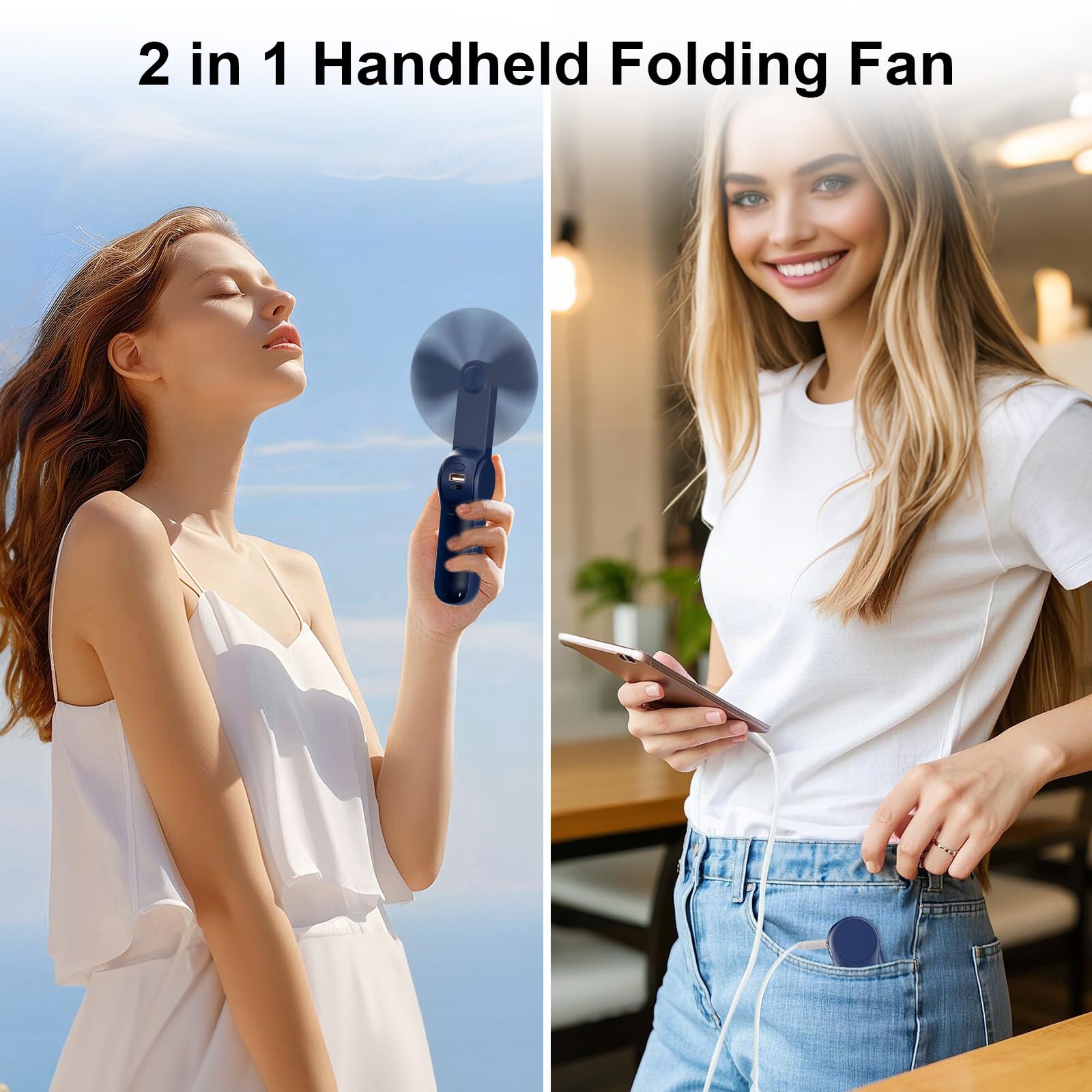 JATEKA Ventilatore Portatile 2 in 1, Mini ventilatore pieghevole ricaricabile, Velocità del vento regolabile, Ventilatore Silenzioso con Alimentatore Mobile, Adatto per Esterni, Viaggi, Ufficio