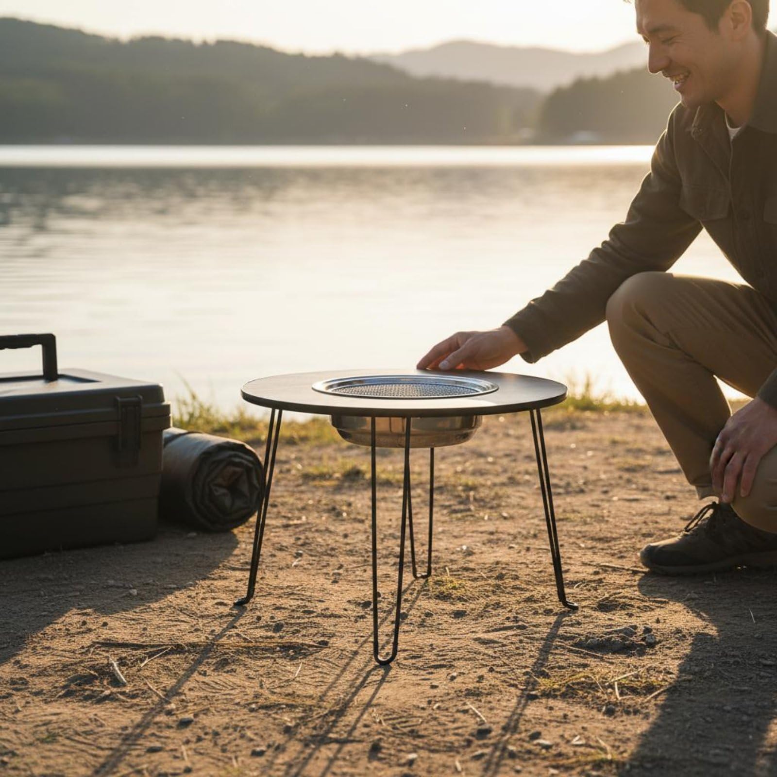 Tavolo da Campeggio Pieghevole con Braciere Integrato Tavolo Barbecue Tavolo da Picnic Tavolo da Esterno per Cottura E Tè Telaio Leggero E Stabile in, Legno