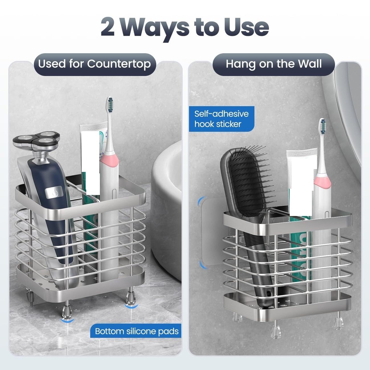 Organizer per Spazzolino da Denti Porta Spazzolino da Doccia in Acciaio Inox, Supporto Parete for Denti, 2 Slot Accessori da Bagno