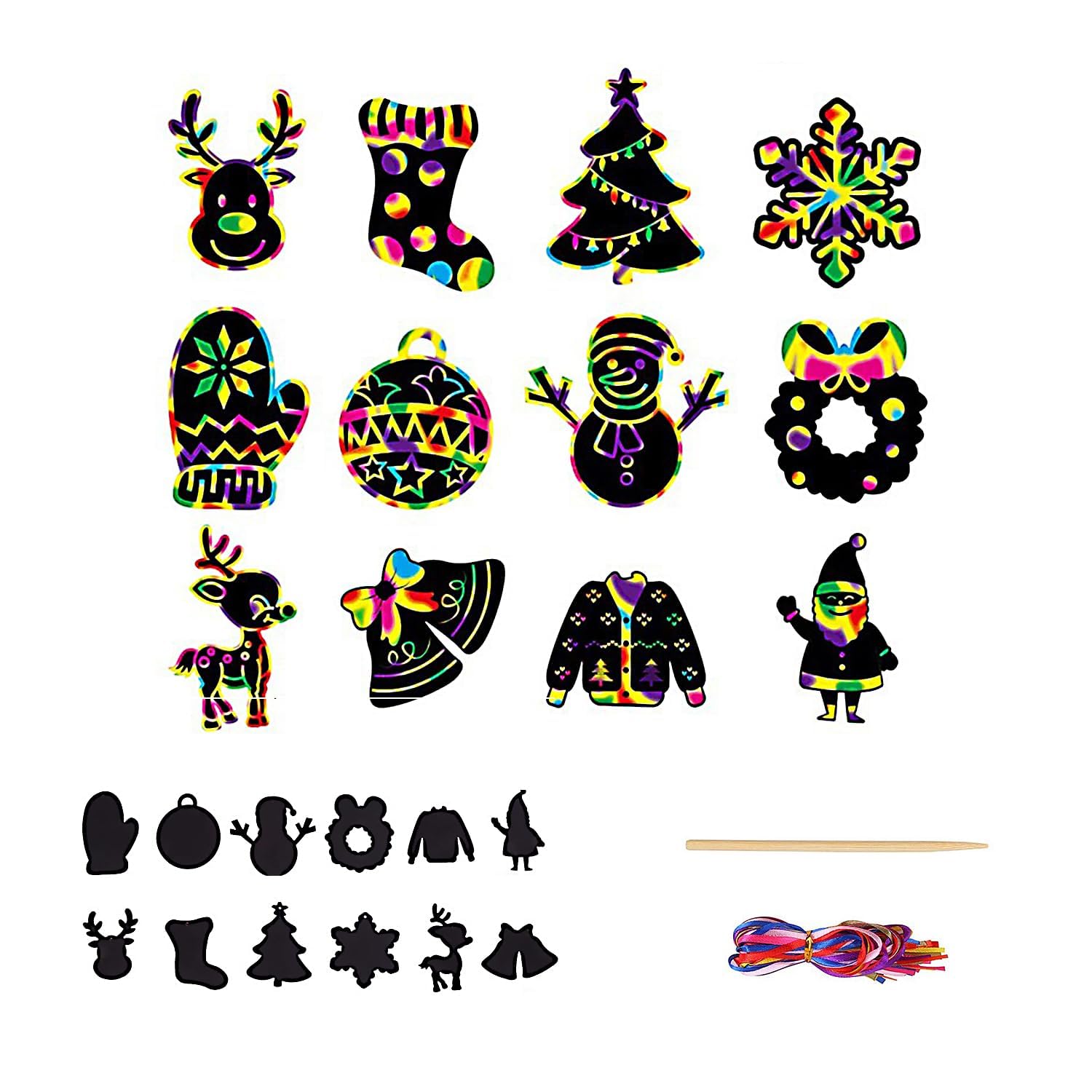 Rumyve Kids' Scratch Art Christmas Decorations - 12Pcs Scratch Paper Hangings with Ribbons, Perfect for Children's Party Bag Fillers(Style A)