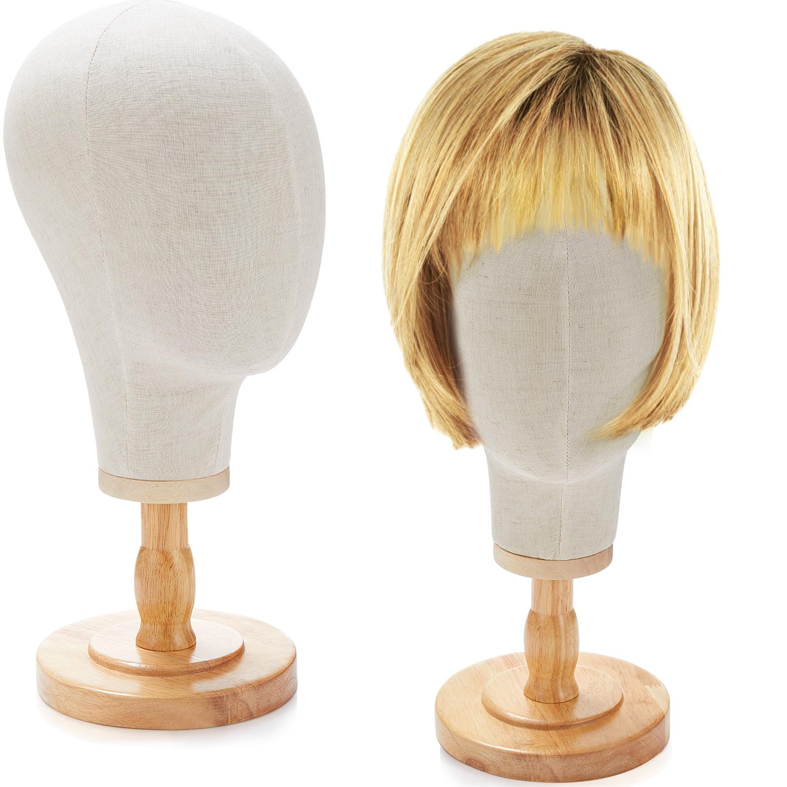 RattanView 2 Pcs Wig Stand with Head 23 Inch Linen Mannequin Head with Wooden Stand Canvas Mannequin for Hats Wigs Caps Headdress Home Store Hair