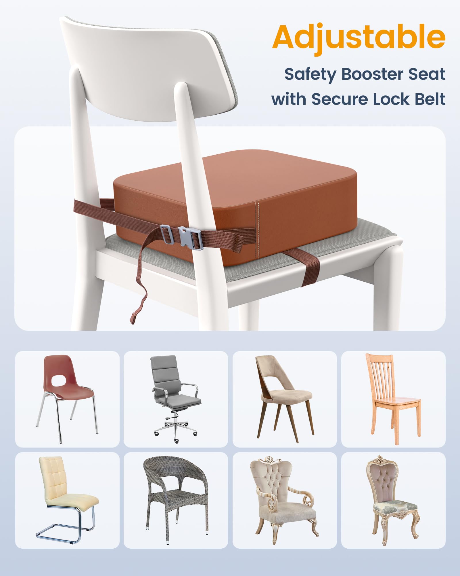 Asiento elevador de silla de cocina, cinturones de seguridad ajustables, asiento elevador de silla de cocina, cojín elevador de apoyo fuerte, poliuretano fácil de limpiar, extraíble y portátil