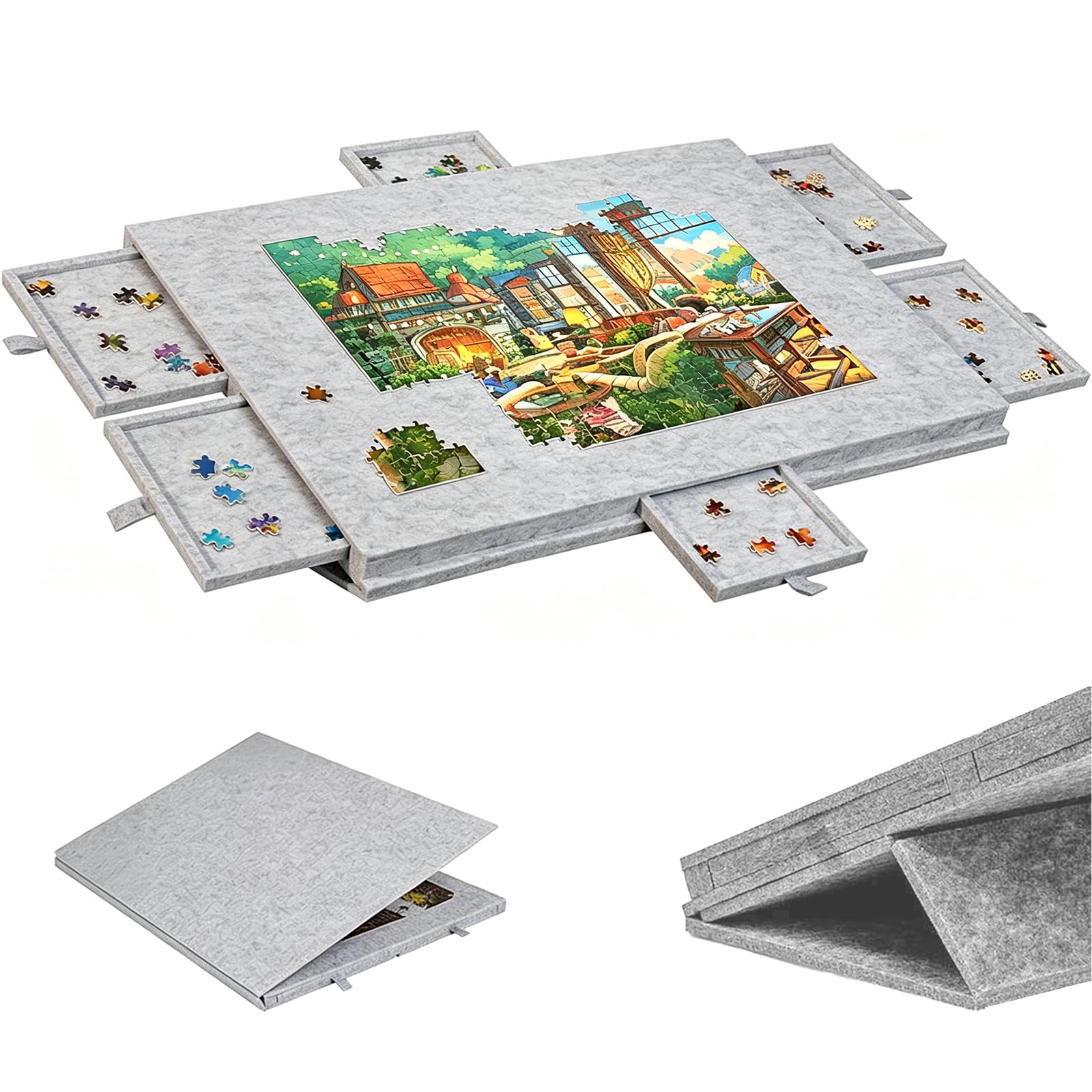 Kortemora Jigsaw Puzzle Board with 6 Sorting Drawers, 2-in-1 Stand & Protective Cover, Lightweight Felt Puzzle Table for 1000 Pieces, Portable Puzzle Mat with Tilt Function, Silver Grey, 77 x 53.6 cm