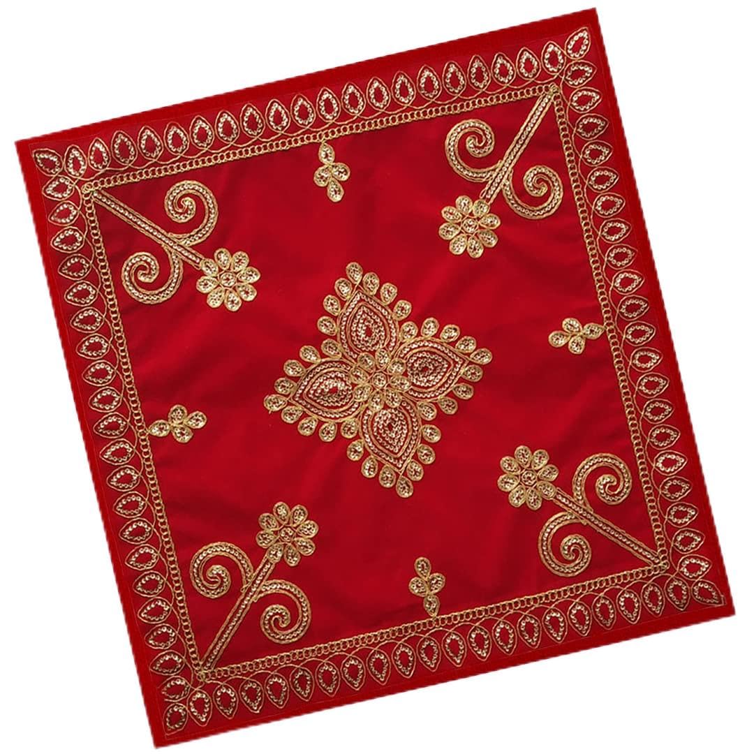 Aasanwala Red Velvet Designer Aasan Pooja Cloth Mat Mandir Temple Home Office Base Chowki 38 x 38 cm-picture-21