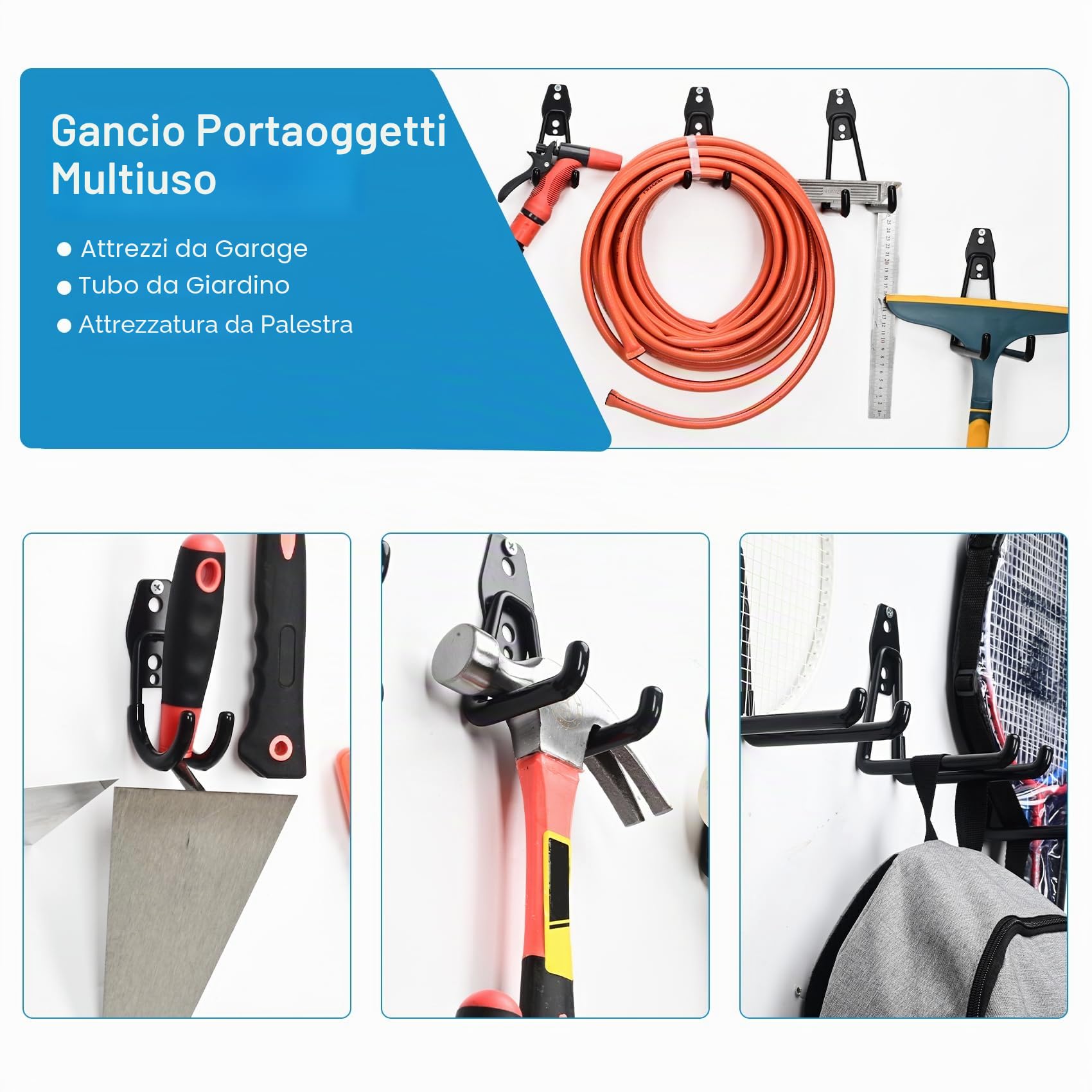 Ganci per garage robusti, ganci per garage, organizer per attrezzi da giardino, ganci in acciaio (2 pezzi, piccoli ganci a U)