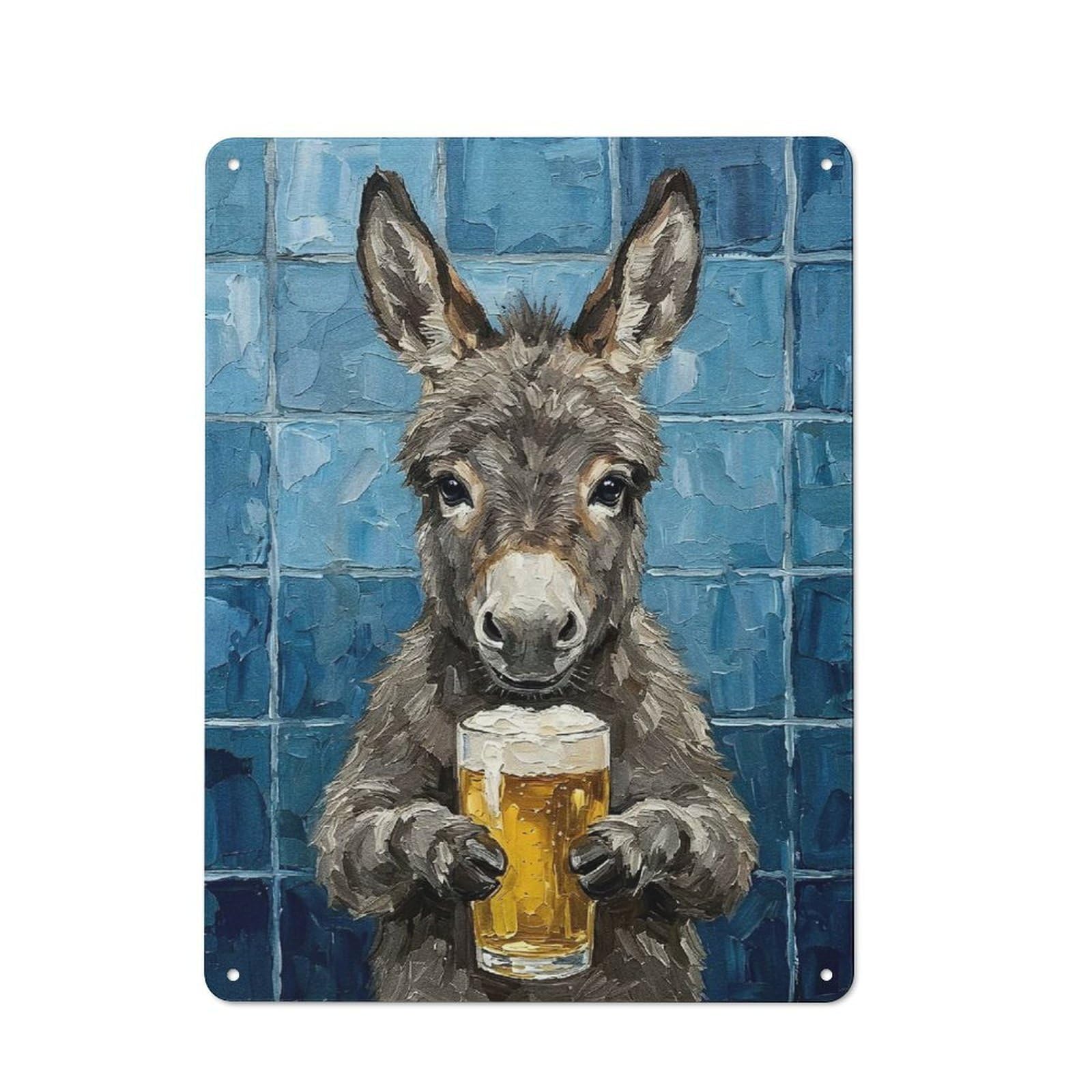 Industrial Metal Sign with Donkey with Beer Painting Design 40x30cm, Modern Retro Loft Wall Plaque for Workspace, Cafe, Hallway Or Garage