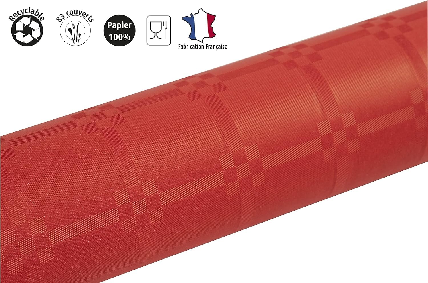 Mantel de papel rojo desechable | Kit Pro de 2 rollos de 25 m = 50 m (166 cubiertos) | Ancho 1,18 m | Papel Damasco Detergente | Efectos luminosos | Mantel rojo elegante grandes mesas