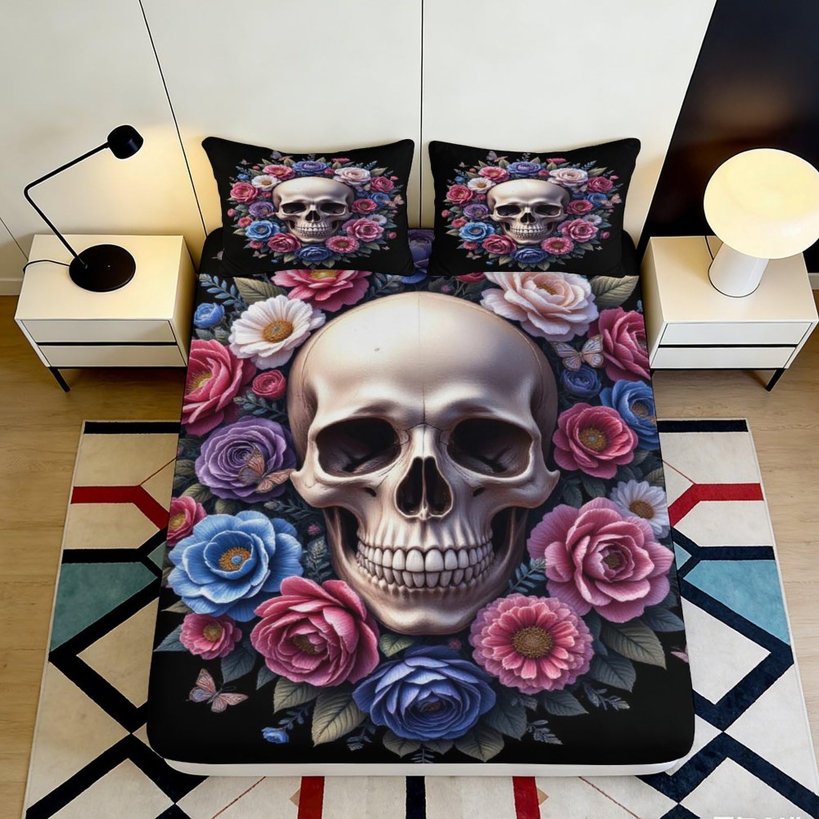 Pnayamiorkfel Style-4 3D Printed Skull Floral Fitted Sheet Microfiber Soft Breathable Gothic Rose Bed Sheet For Bedroom Guest Room Decor 90X200x25cm