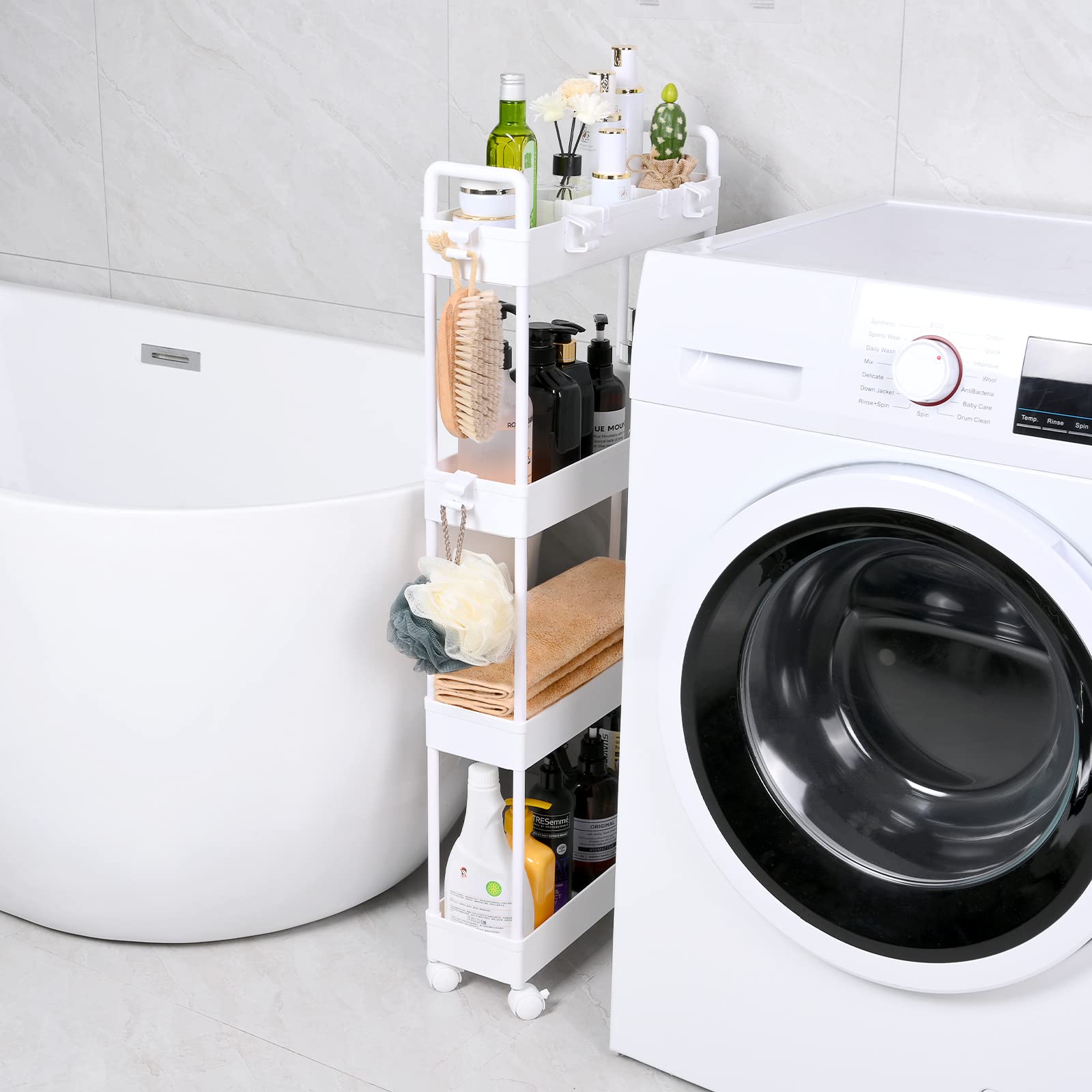 AROGAN Slim Rolling Storage Cart with Wheels, 4 Tier Bathroom Storage Cart Laundry Room Organizer, Rolling Utility Cart for Kitchen, Bathroom, Laundry Room, Office, Narrow Place (White)