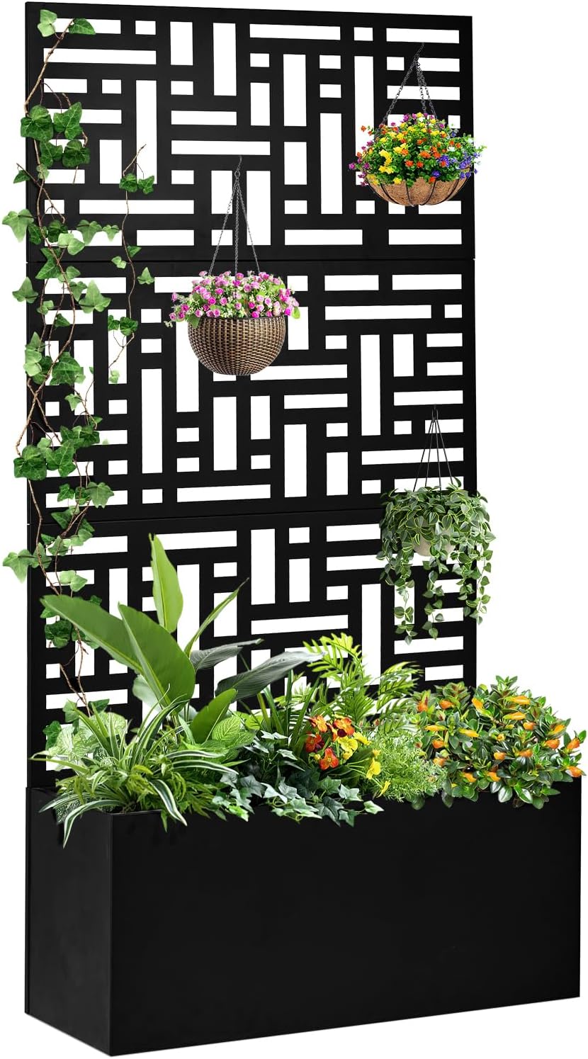 Outvita Metal Planter Box with Trellis, 71’’ x 36’’ x 16’’ Raised Garden Bed with Drainage Holes for Climbing Plants, Vegetables, Vines, Privacy Planters for Patio (Black)