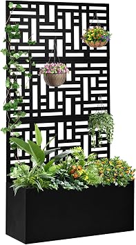 Outvita Metal Planter Box with Trellis, 71 x 36 x 16 Raised Garden Bed with Drainage Holes for Climbing Plants, Vegetables, Vines, Privacy Planters for Patio Black