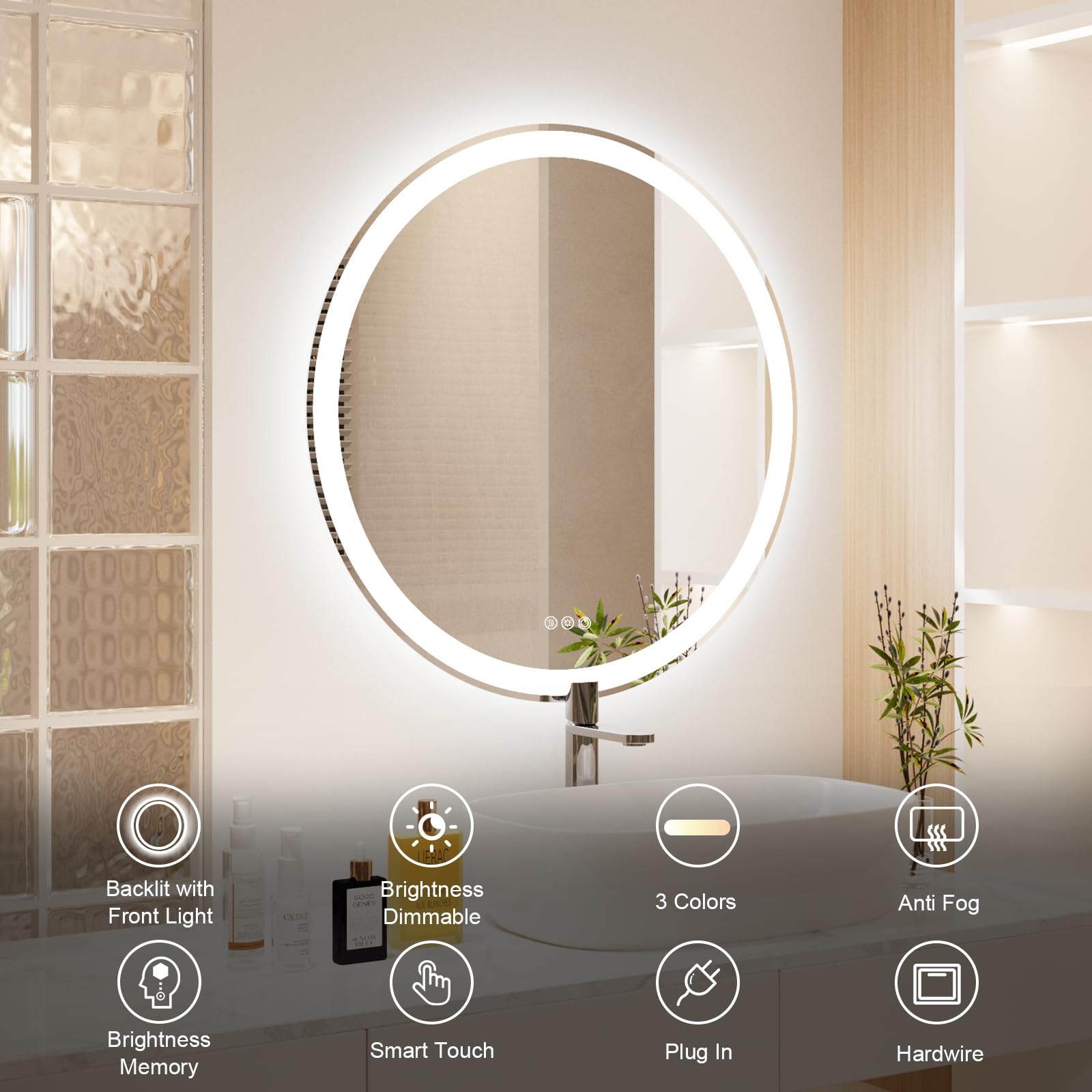 WOSEKBATHAL Bathroom Mirror with Lights, Round LED Mirror for Bathroom, Vanity Mirror with Lights, Anti-Fog & 3 Colors, Wall-Mounted Bathroom Mirror (32“L x 32