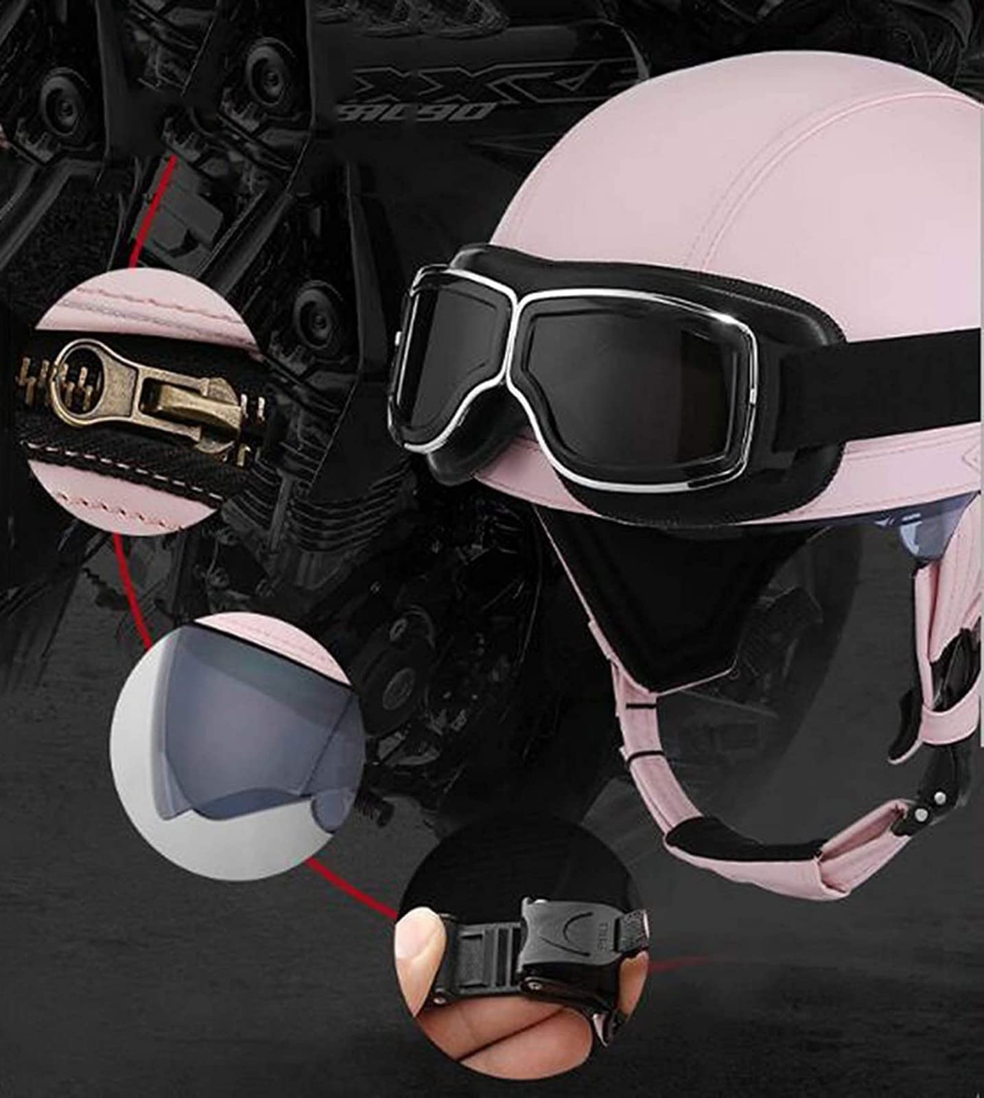 Casque Moto Rétro Euyehn En PU – Avec Lunettes, Réglable, Pour Homme/femme, Toutes Saisons, M/L/XL
