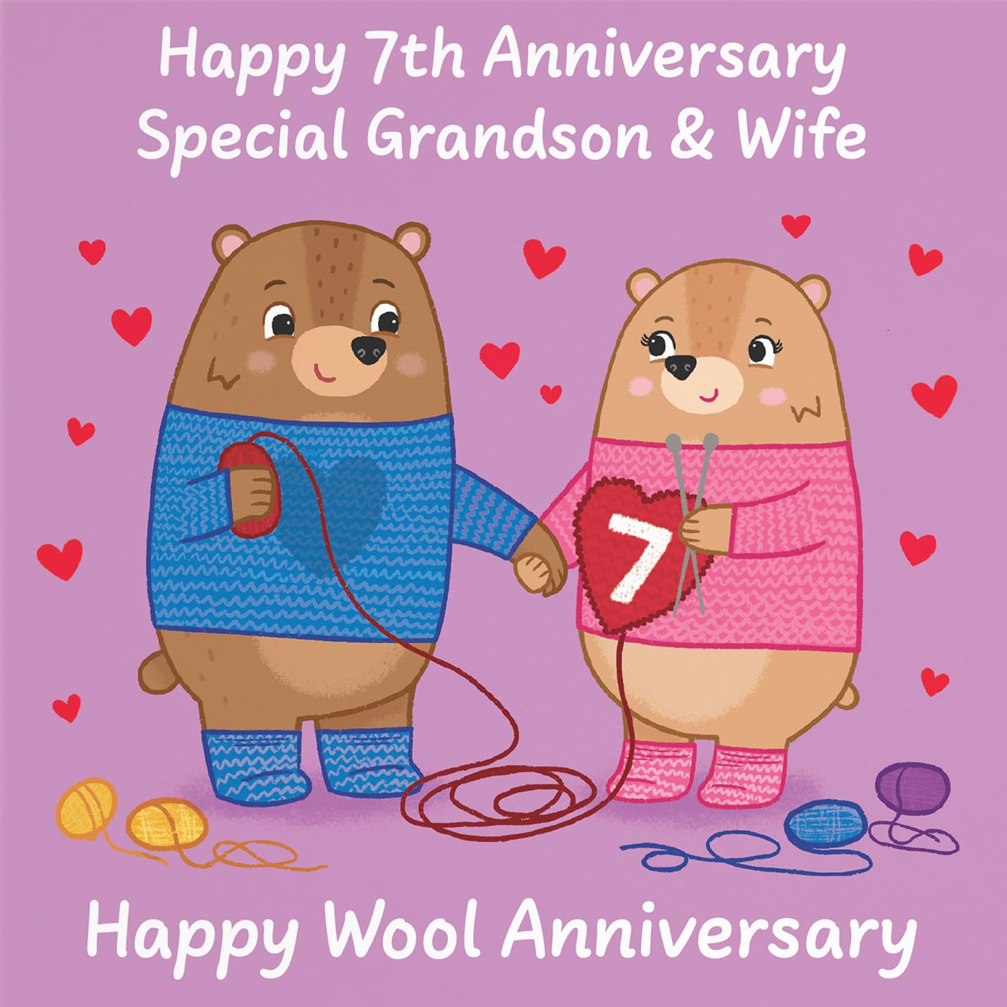 Hunts England, Grandson And Wife 7th Anniversary Card, Wool Anniversary, Seventh Anniversary, 7 Years, Cute Fun Bears Card - Image 2