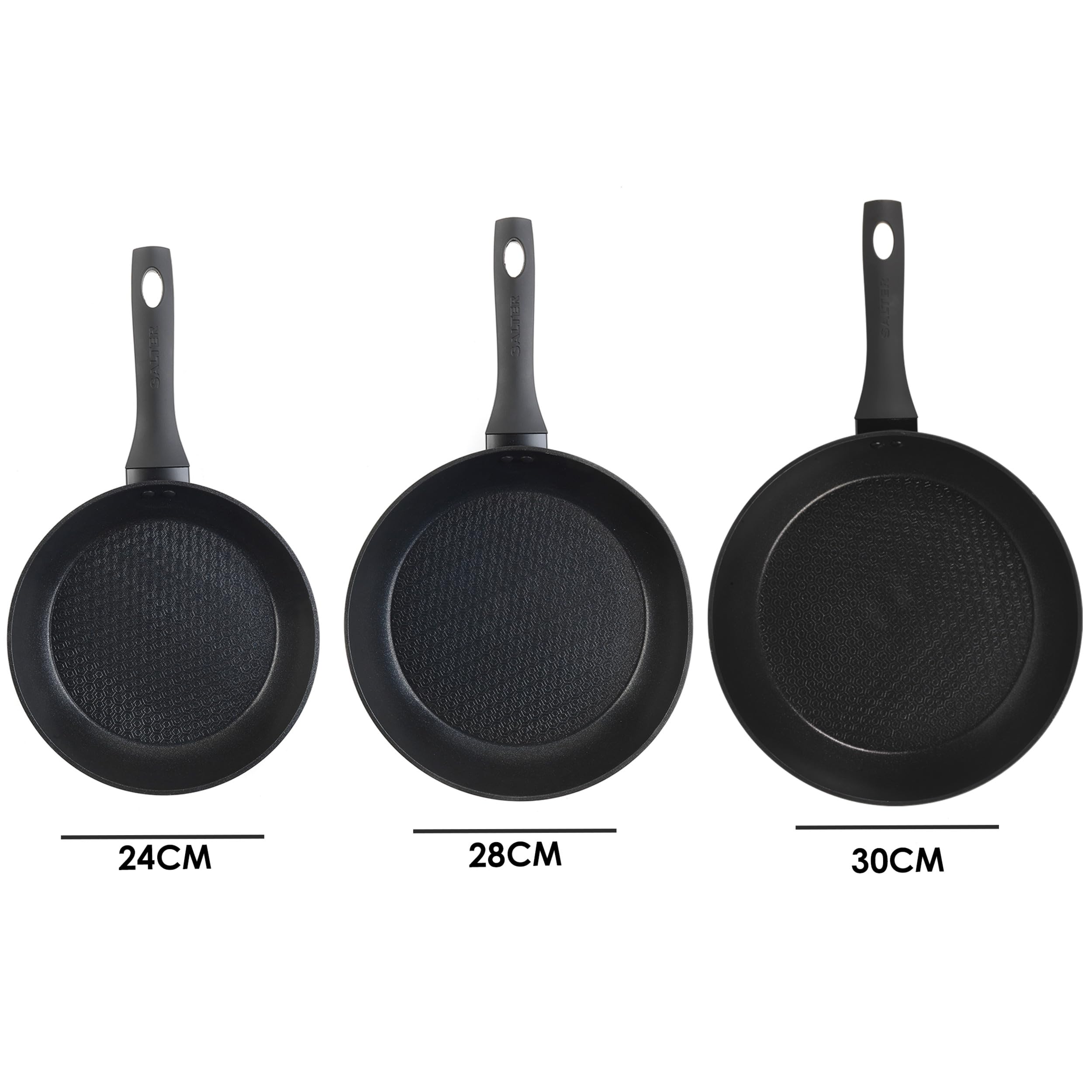 Salter BW08773 Geo - Juego de sartenes hexagonales antiadherentes (3 piezas, aluminio forjado, 20,24,28 cm, superficie hexagonal, color negro mate, apta para placa de inducción)