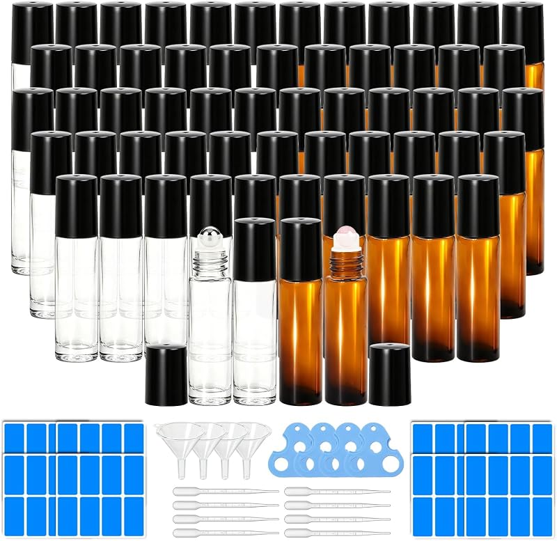 Frascos Roll-on Recarregáveis ORVEXILA de Vidro, 10 mL, Âmbar e Transparente, Pacote com 60