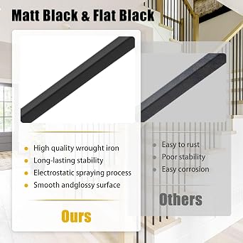 15 Pcs Iron Balusters for Staircase, 1/2 x 44 Wrought Iron Baluster, Square Metal Balusters Hollow Straight Iron Spindles for Stairs Satin Black Deck Railing