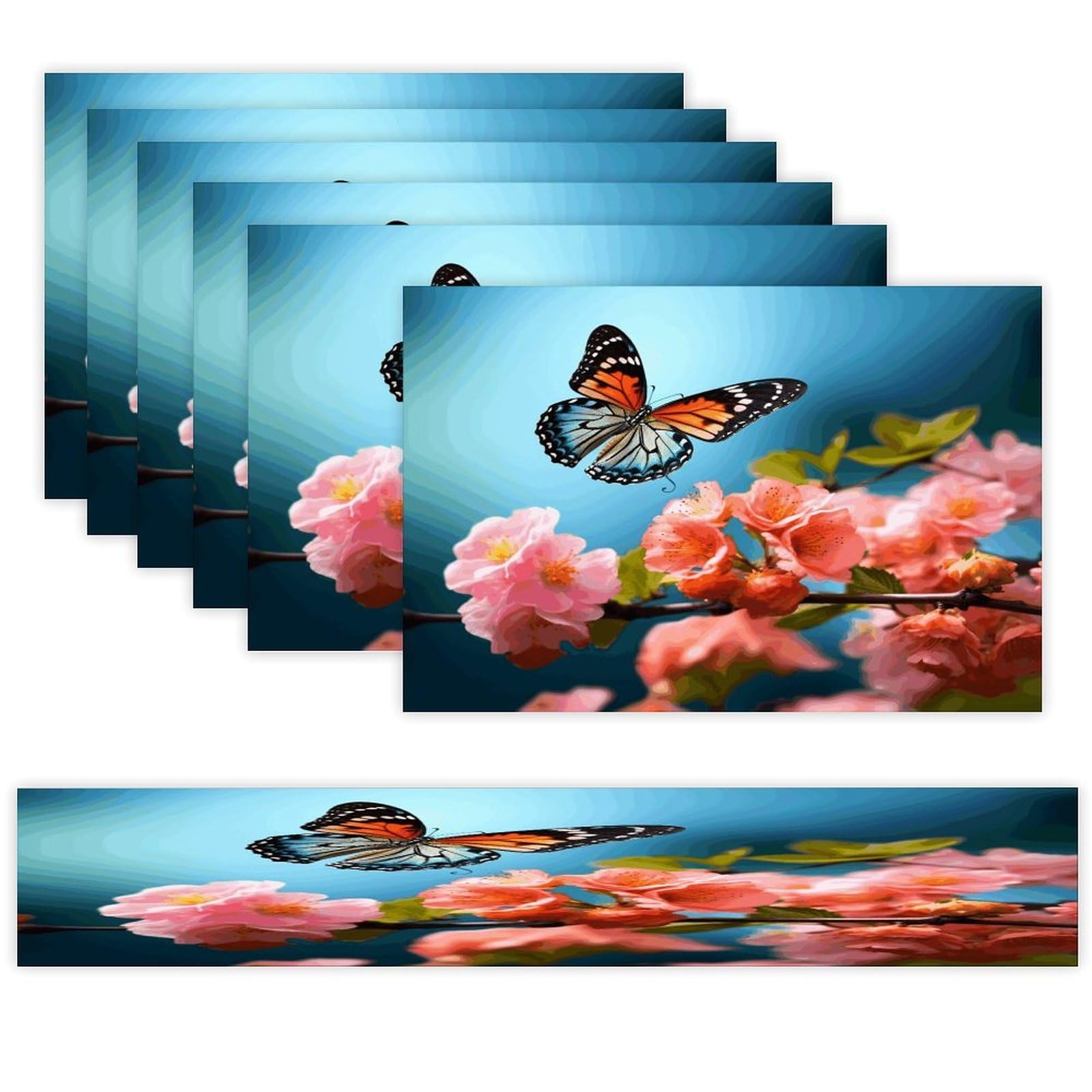 Butterfly with Flowers Table Runner and Placemats Set of 6 for Kitchen Washable Table Mats Heat Resistant Place Mats Non-Slip Place Mat Wipeable Placemat(6 Placemats+1 Table Runner)