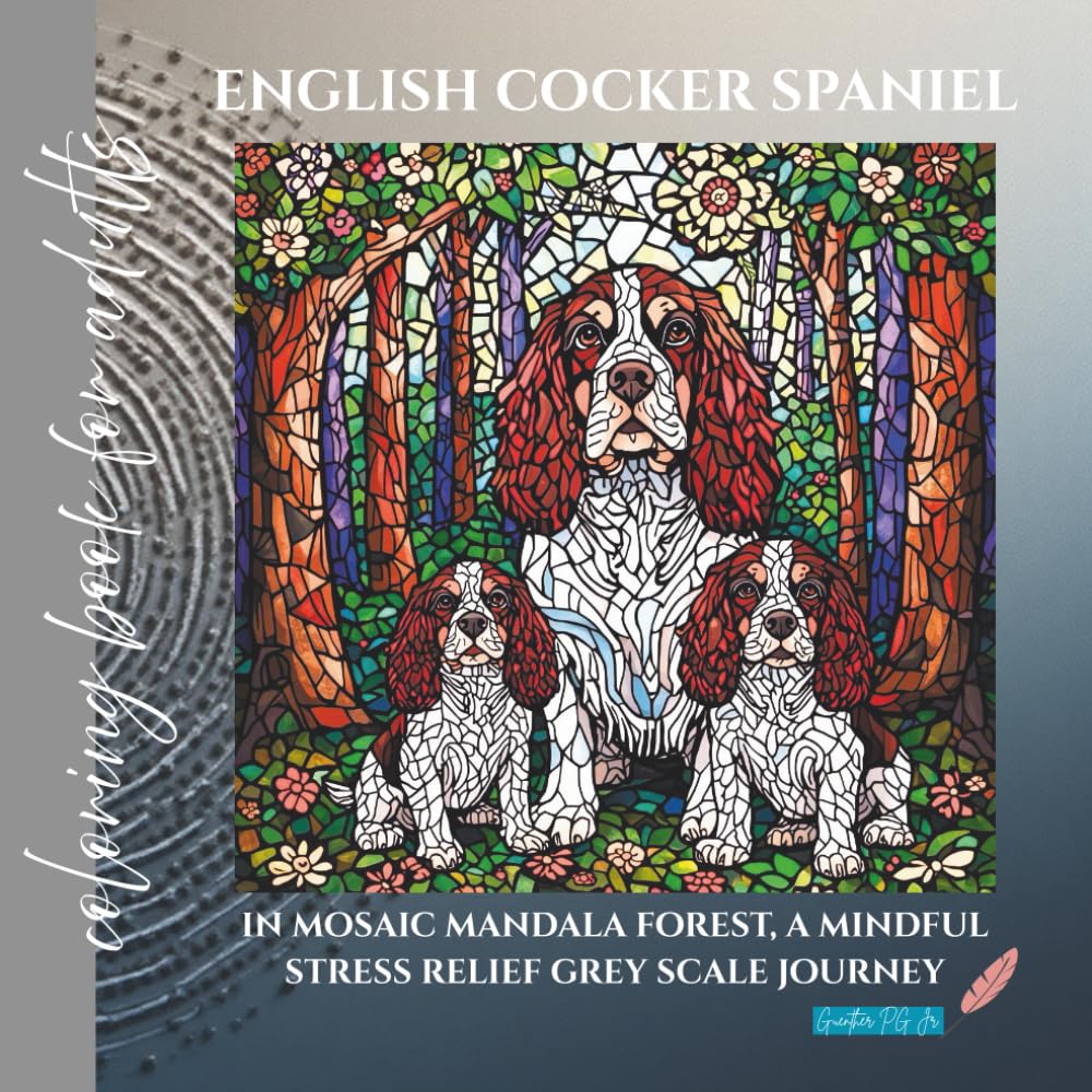English Cocker Spaniel in Mosaic Mandala Forest coloring book for adults: a mindful stress relief grey scale journey