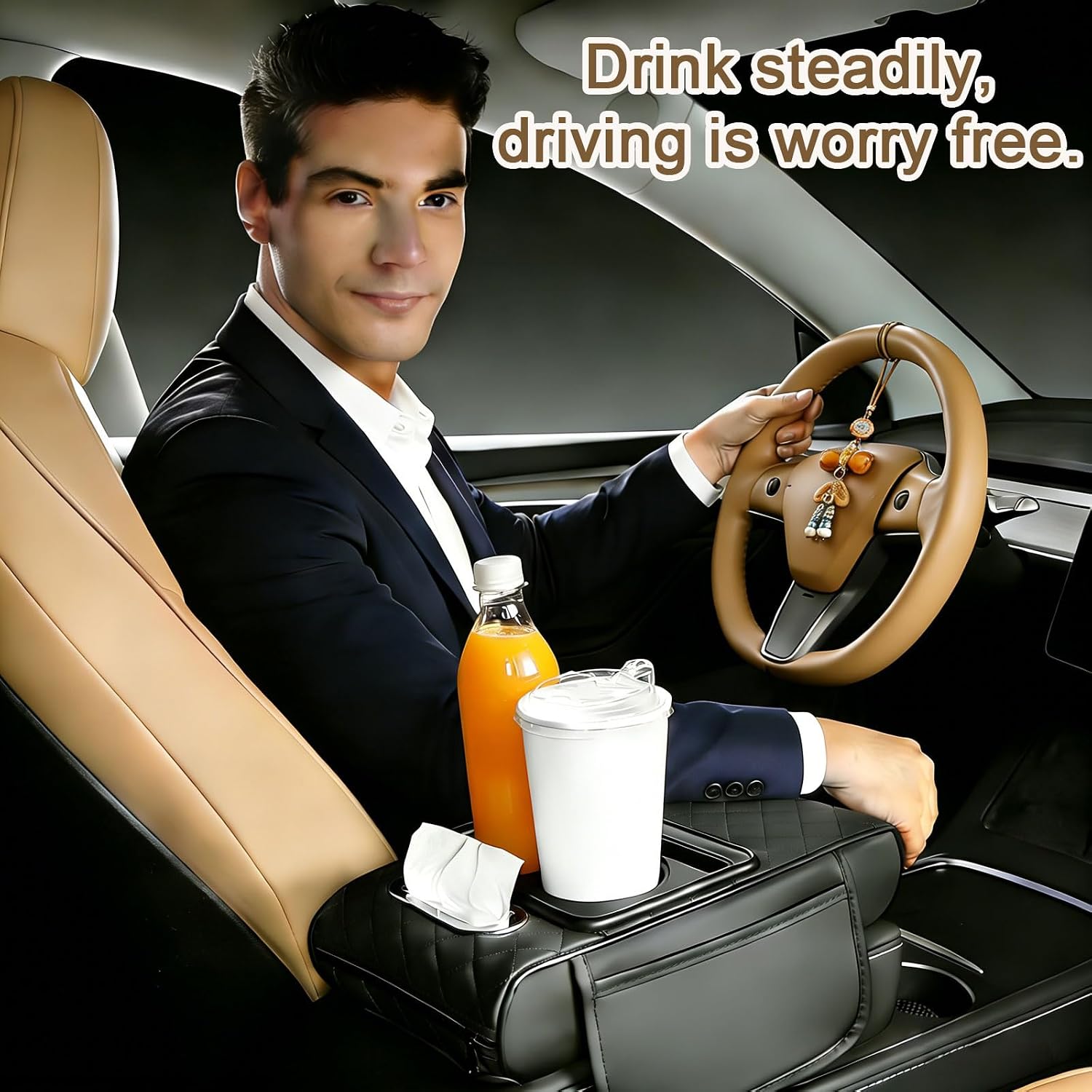 Car Armrest Cushion (Black) Multifunctional 5 in 1 Center Console Armrest Cushion with Storage Bag Cup/Phone Holder Tissue Box - Waterproof Car Interior Storage Device