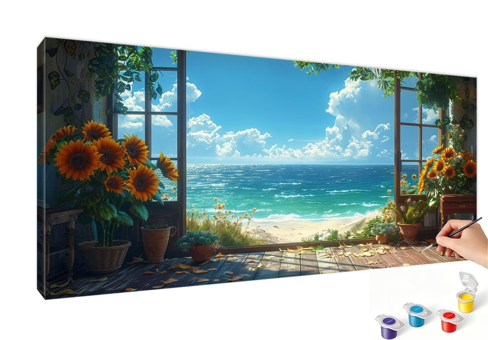 Malowanie numerami dla dorosłych numer morza słonecznik DIY kolorowanie według numerów dla dorosłych 100x200cm z pędzlami i akrylami, nieoprawiony, zestaw aktywności do letniej dekoracji domu salonu