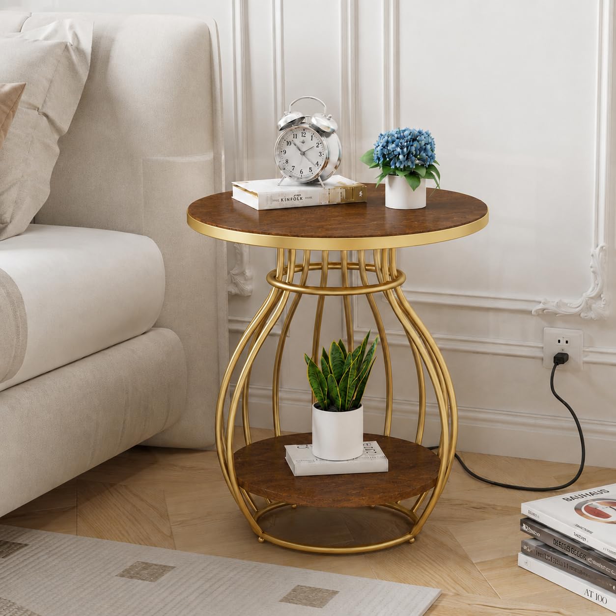 NEST NATURE HAVEN Round Bedside Sofa Side Table with Storage Shelf Modern Coffee Table for Living Room Bedroom Apartment Nightstand End Table with Marble Pattern Tabletop (Gold Brown)-picture-29