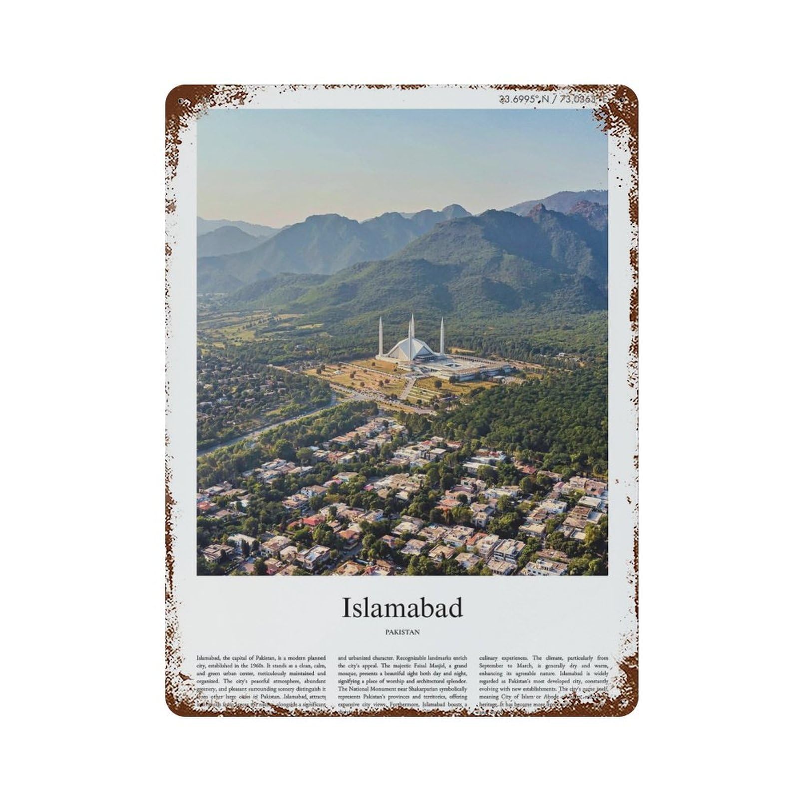 xiaoxiaoshen Islamabad Pakistan City Scenery Wall Decor Art Metal Tin Poster Modern Home Decor Art Home Bar Shop Decorations Vintage Sign 40x30cm
