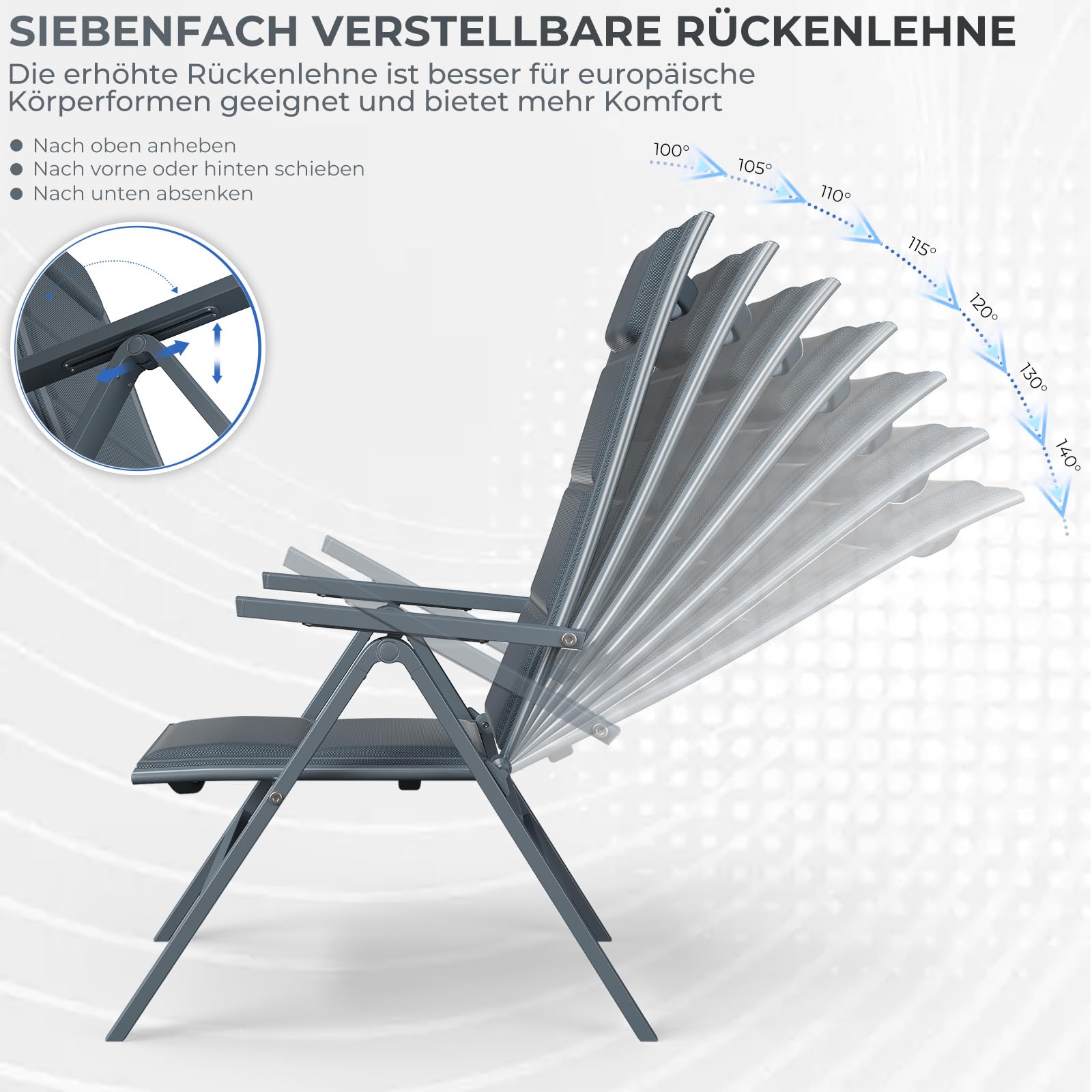 TRIUMPHKEY Aluminium Gartenmöbel 6+1, Gartenmöbel Set mit 1 189 cm PS Gartentisch und 6 klappstuhl, mit Verstellbarer Rückenlehne, Wetterfeste Terrassenmöbel, für Garten Terrasse Balkon, Dunkelgrau