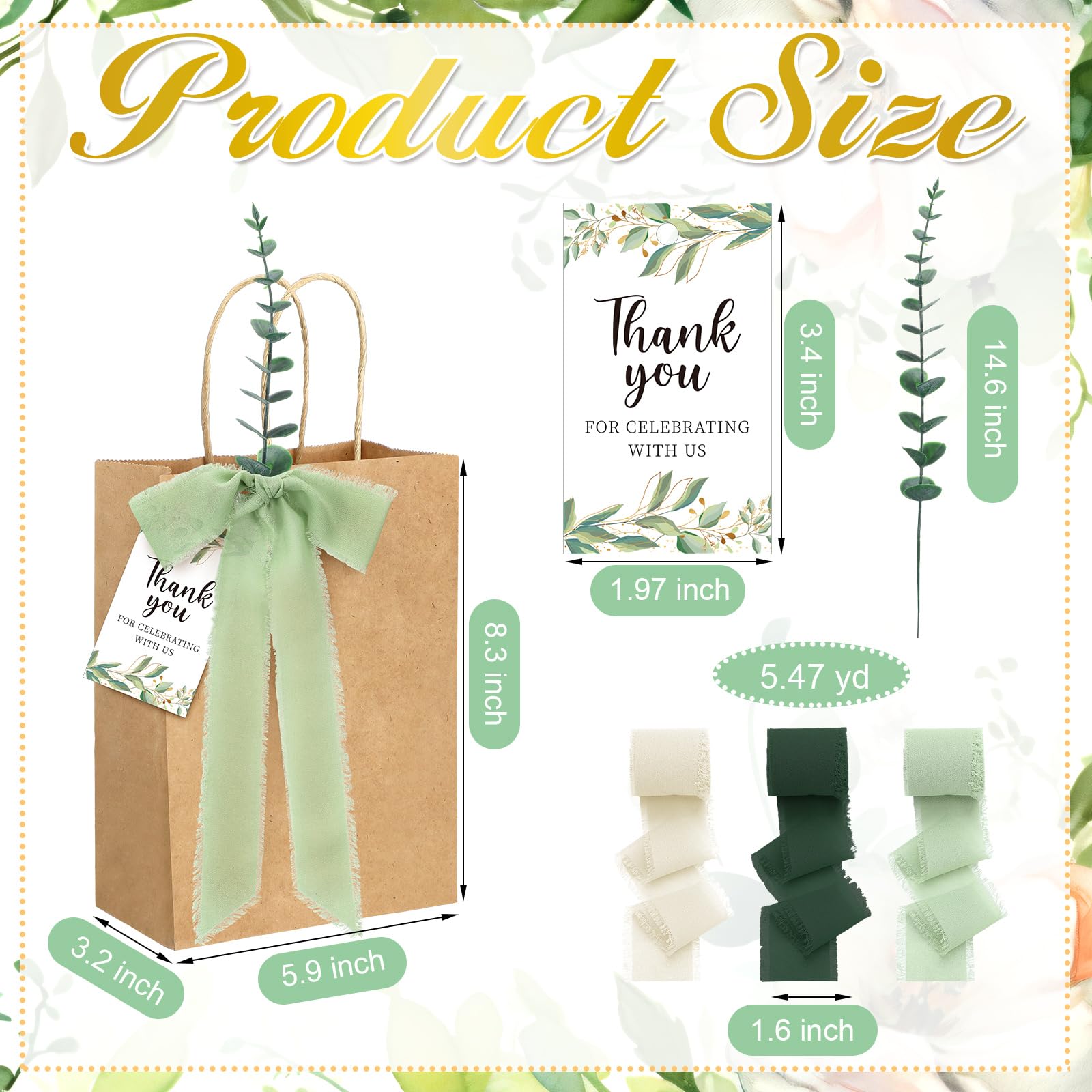 Motipuns Lot de 50 sacs de mariage en vrac pour invités - Vert sauge - Sacs cadeaux de bienvenue avec tiges d'eucalyptus artificielles et ruban en mousseline de soie - Cartes de remerciement pour fête