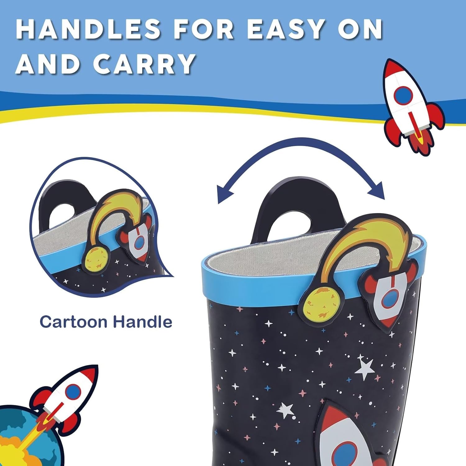 Toddler Rain Boots Kids Waterproof Rubber Boots for Boys and Girls with Handles in Fun Pattern - Image 5