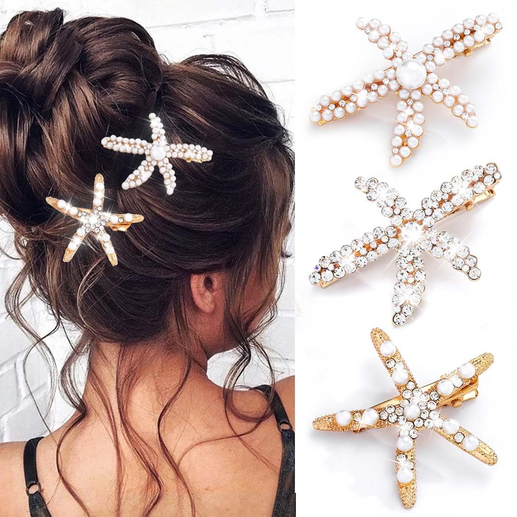 Starfish Hair Clip Gold Pearl Mermaid Hair Clips Seashell Hair Accessories for Women and Girls (Pack of 3)