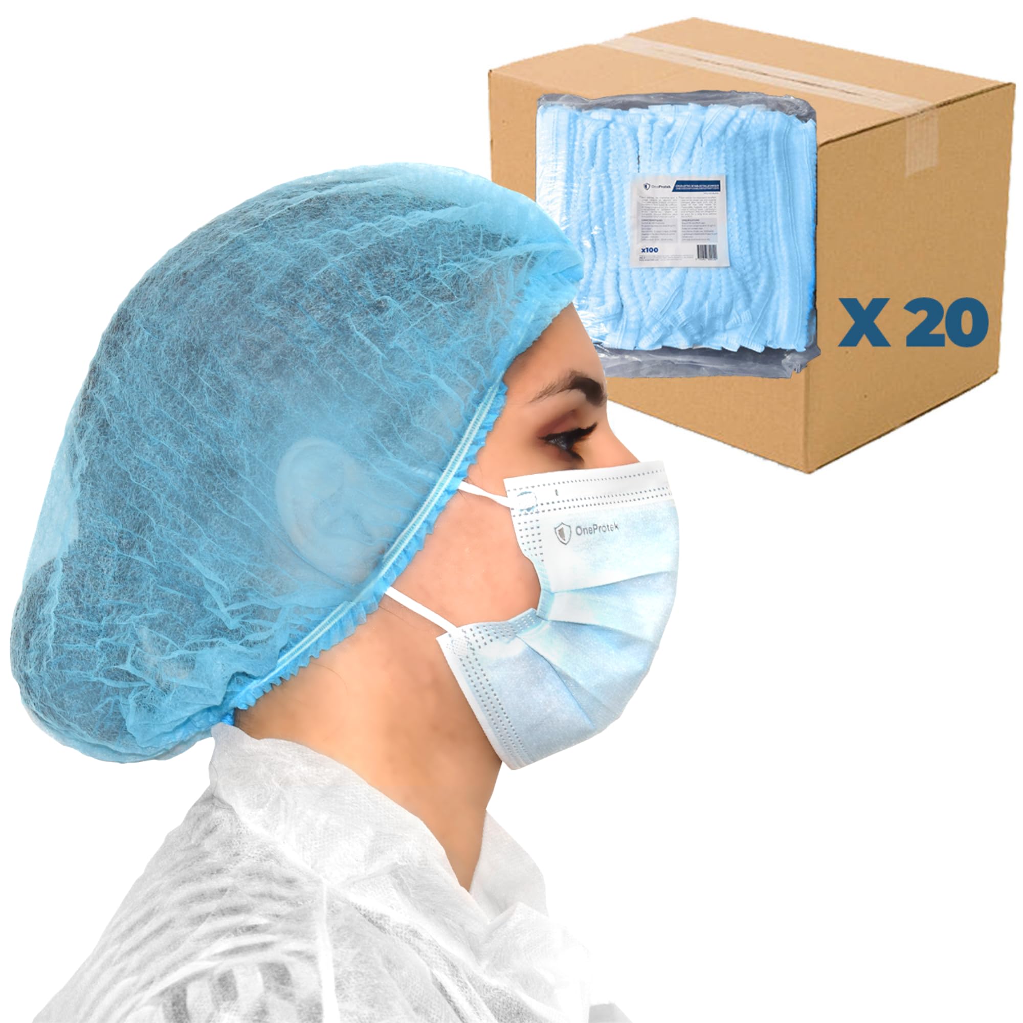 Juego de 20x 100 Gorros desechables no tejidos, doble elásticos y antipolvo, OneProtek - Gorro desechable 53 cm para el cabello, para médicos, servicio de comida, dentistas, laboratorios - Azul
