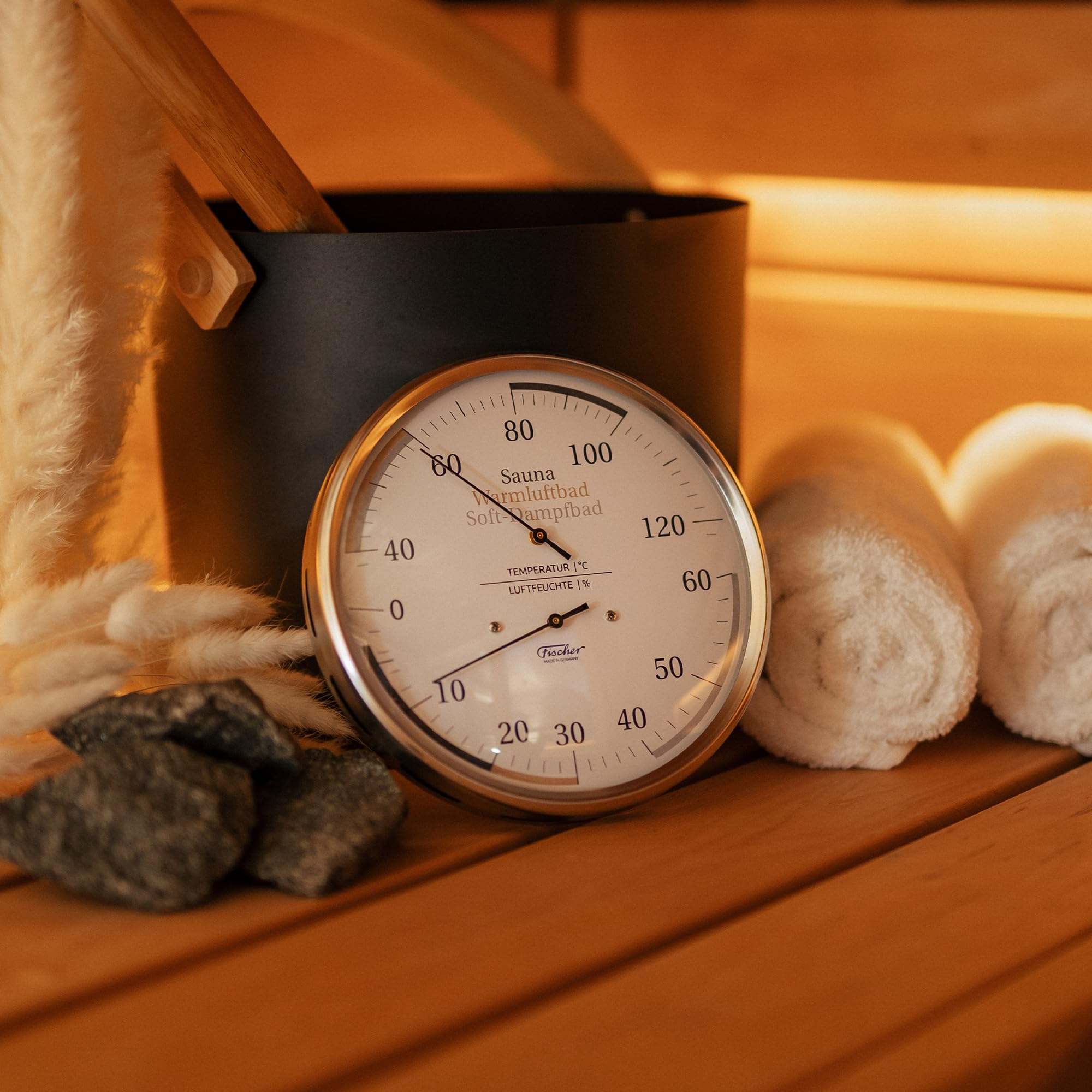 Fischer 185.01 Sauna - Termómetro universal (160 mm, higrómetro de cabello y termómetro bimetálico, acero inoxidable, fabricado en Alemania)