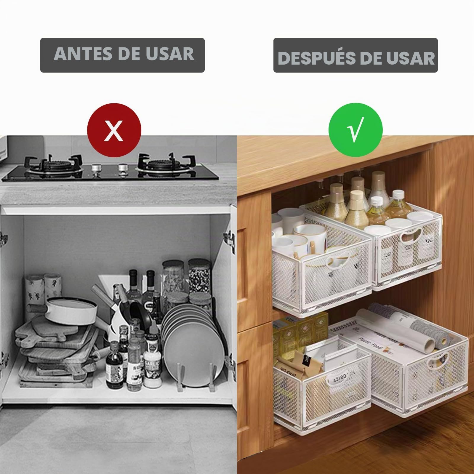 Cesta organizadora deslizante para armario, cajón autoadhesivo, estantes de despensa, acero al carbono, cesta de almacenamiento con asa para baño, cocina, hogar