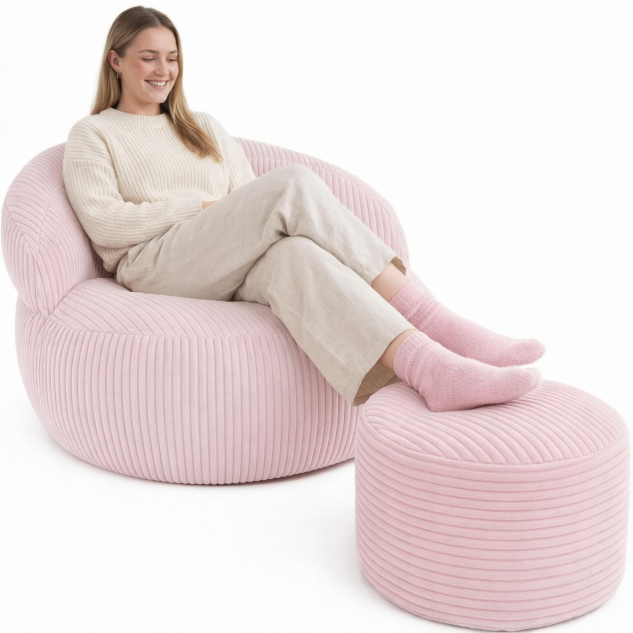 bananair – Sitzsack für Wohnzimmer aus Cord mit Fußhocker - XXL Bean Bag Chair Weich - Maschinenwaschbarer Bezug - Ideal für Salon, Schlafzimmer Erwachsene, Jugendliche (110 × 100 cm, Hellrosa)