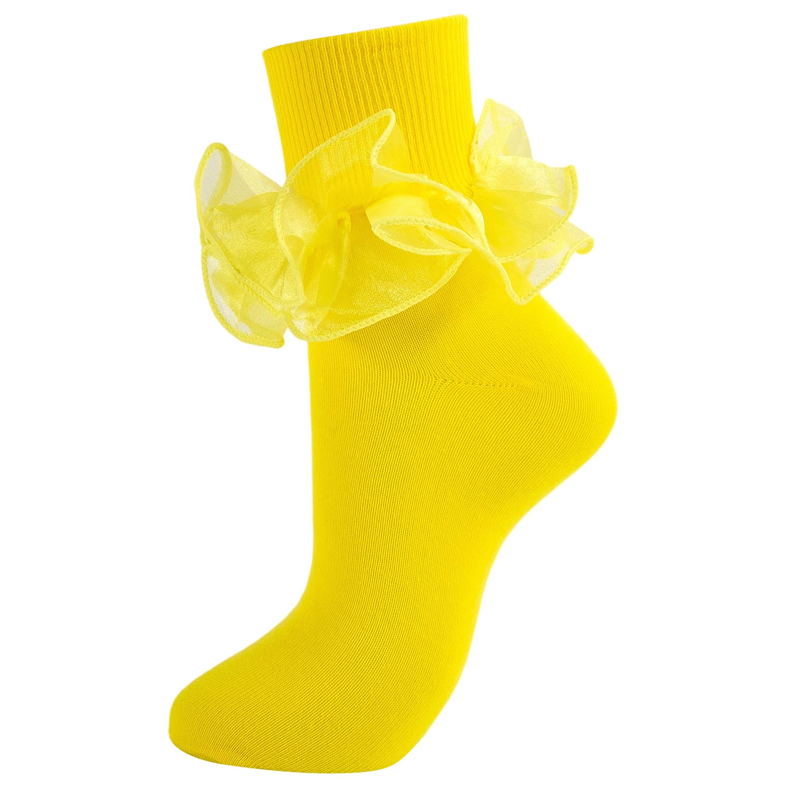 MKYSZLT Women Big Ruffle Ankle Socks Adult Double Lace Frilly Socks Fold Cuff Cotton Ruffled Dress Crew Bobby Bride Sock, Yellow, 8-10 UK