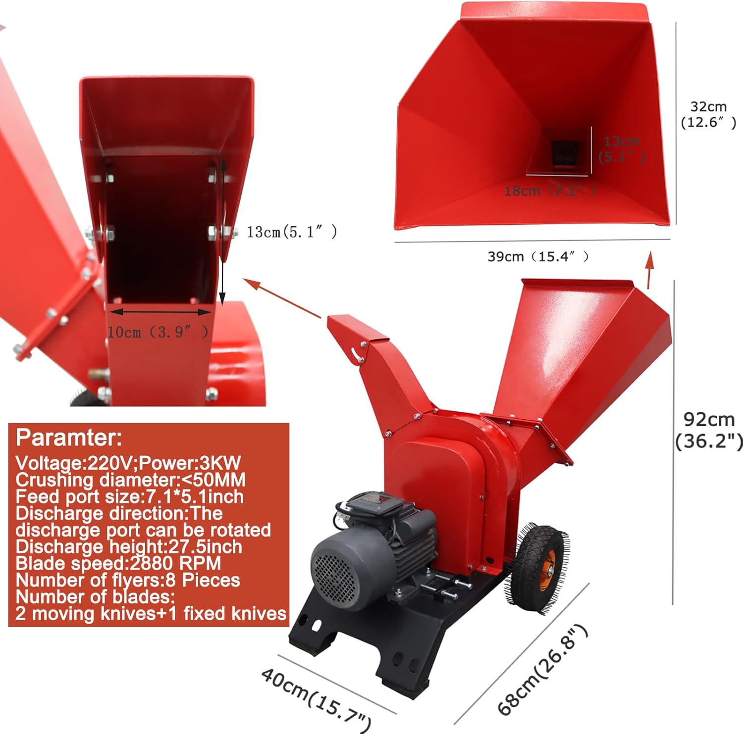 Wood Shredder Chipper Hand Pushed Wood Crusher Branch Crusher 5inch Max Wood Diameter 220v 3kw for Corn Straw Grass
