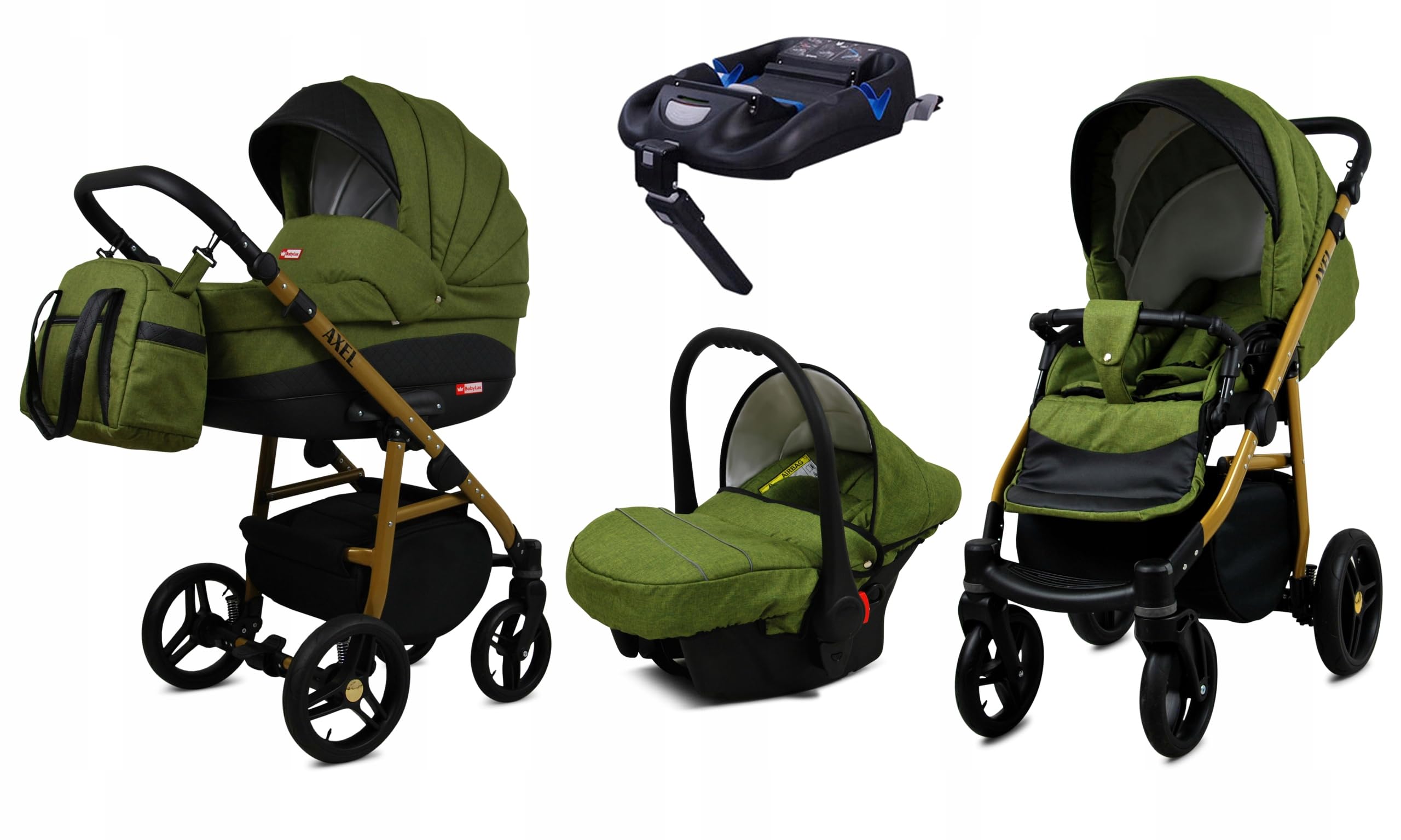 BabyLux® Wózek dziecięcy kompletny zestaw 4 w 1, Axel, w tym gondola dla niemowląt, wędka, fotelik samochodowy, podstawa ISOFIX, wózek dziecięcy, system kombinowany, z torbą do przewijania itp.