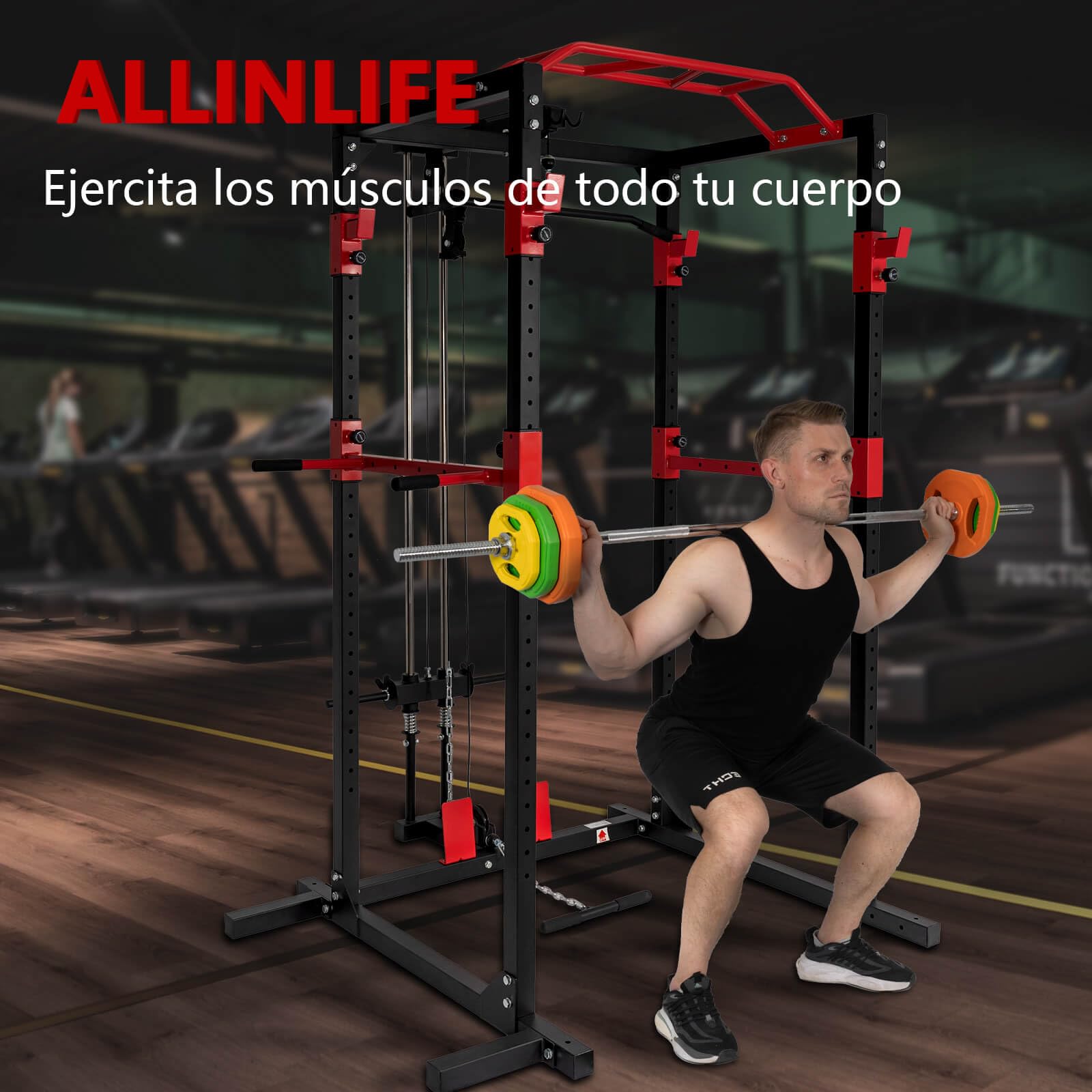 ALLINLIFE Jaula Musculacion Ajustable,Jaula de Potencia Multifuncional,Jaula de Sentadillas con Barra de Dominadas, Estación de Dips y Remo,Multipower Maquina Gym Gimnasio en Casa para Entrenamiento