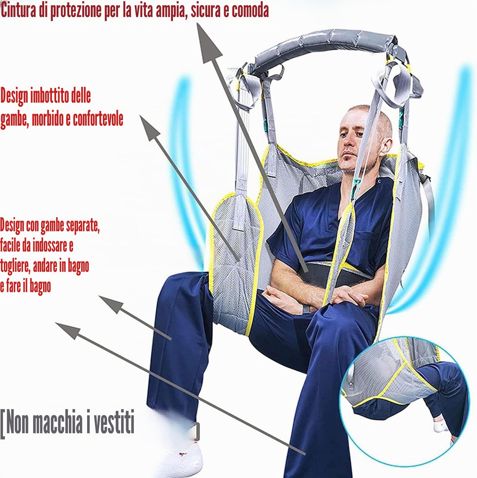 Imbracatura per sollevatore disabili, Alzamalati da letto con 4 morsetti, per disabili e anziani, Trasferimento dei pazienti, Superimbottito, Regolabile, Sicuro, Traspirante