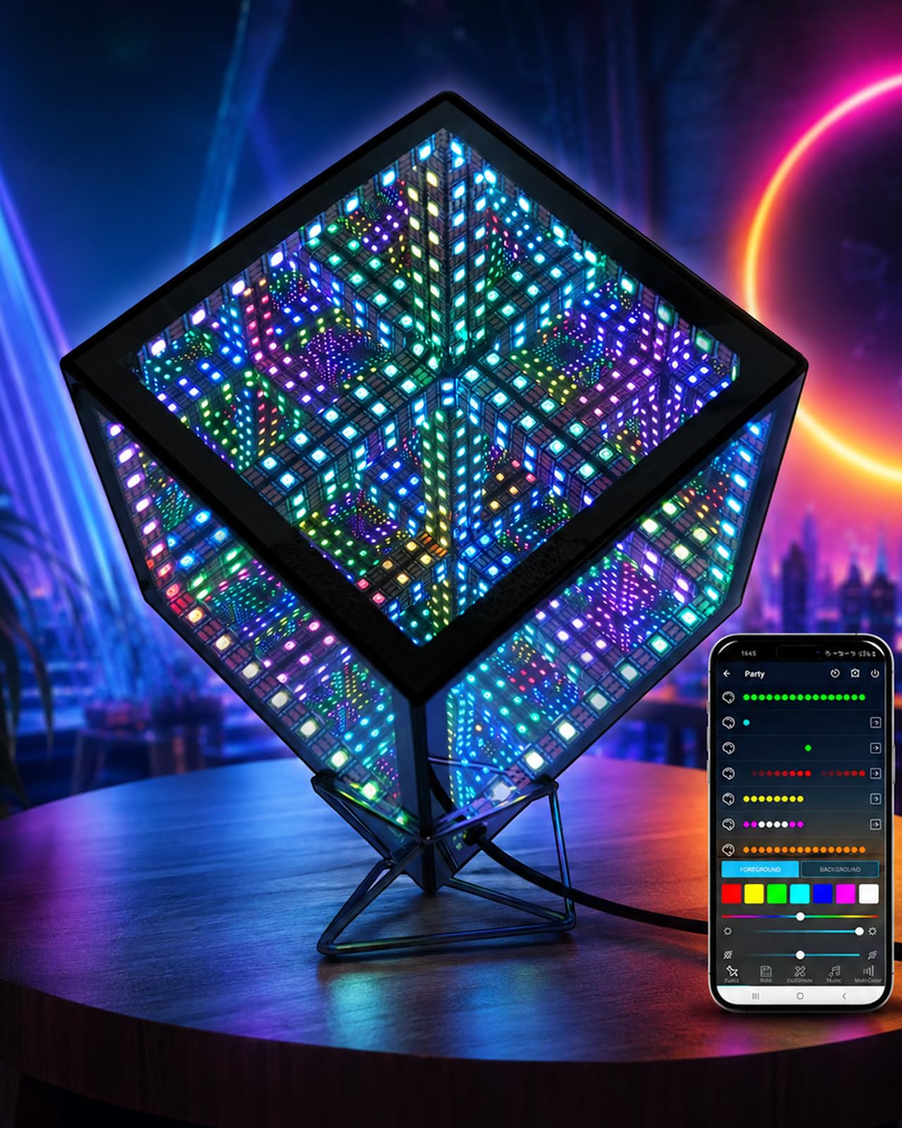 Tinyimi Infinity Mirror Hyper Cube LED Light, RGB Gaming Room Decor, 6 Inch | Color-Changing, Music-Sync, APP-Controlled, Ambient Light for Gaming, Party, Home