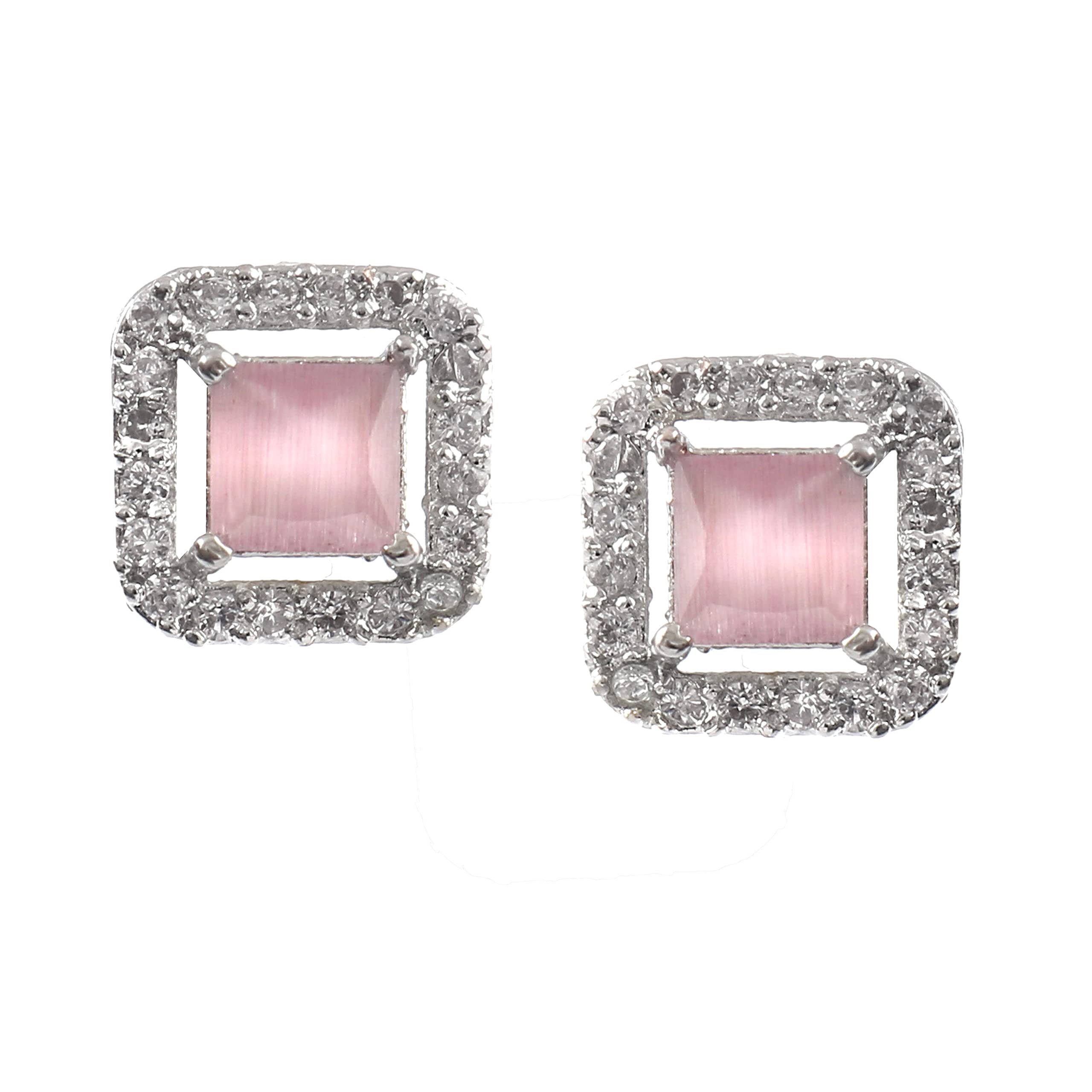 Jewar Mandi Earrings Silver Plated Square Tops American Diamond Cubic Zirconia Ad Cz Multi-Color Stones Boxy Design Stud Jewelry For Women & Girls (Baby Pink) (B0CV5M1HG9) Amazon Price History, Amazon Price Tracker