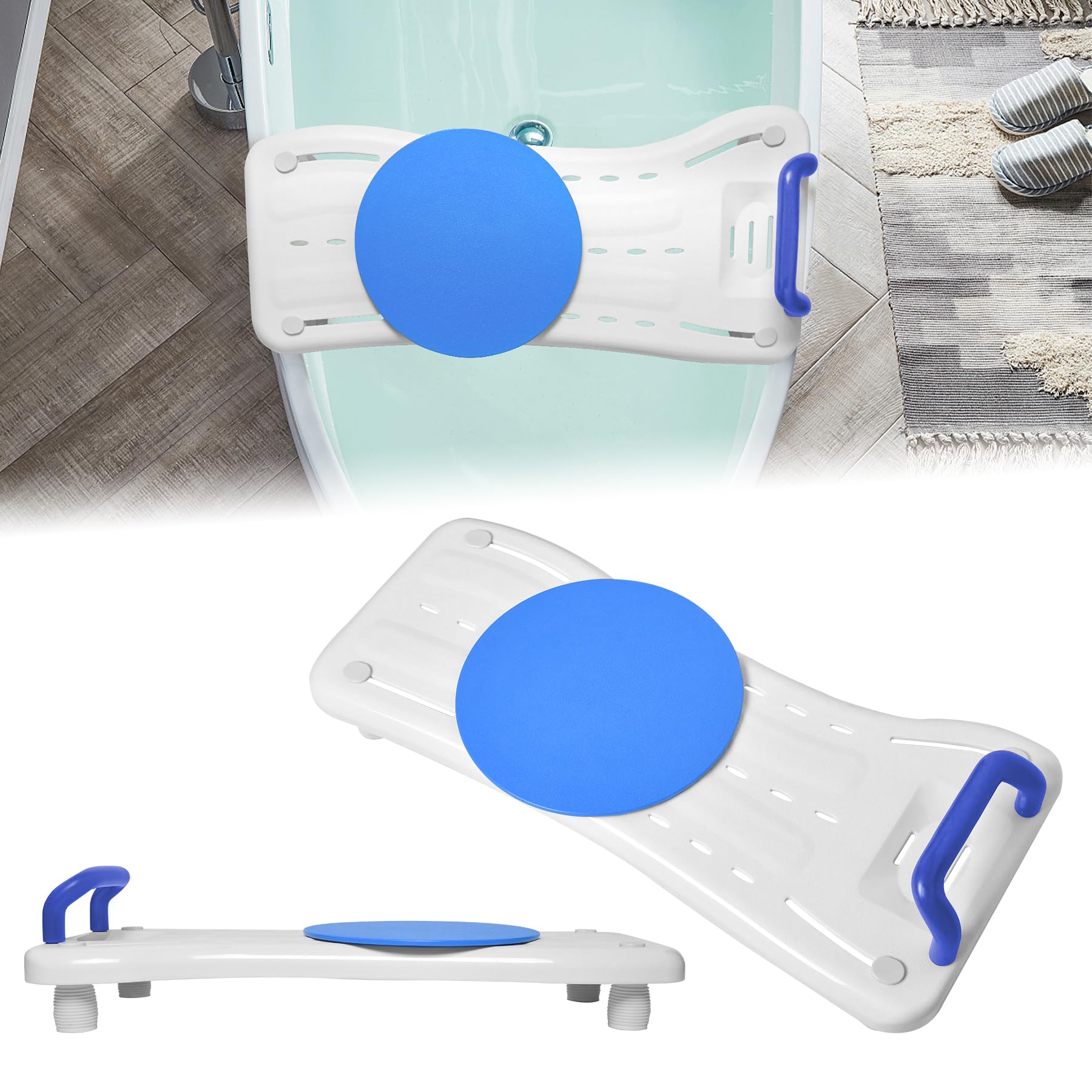 LZQ Planche de bain pour personnes âgées, avec plaque tournante à 360°, poignée bleue et porte-savon, siège de baignoire réglable, pour adultes, charge maximale : 150 kg