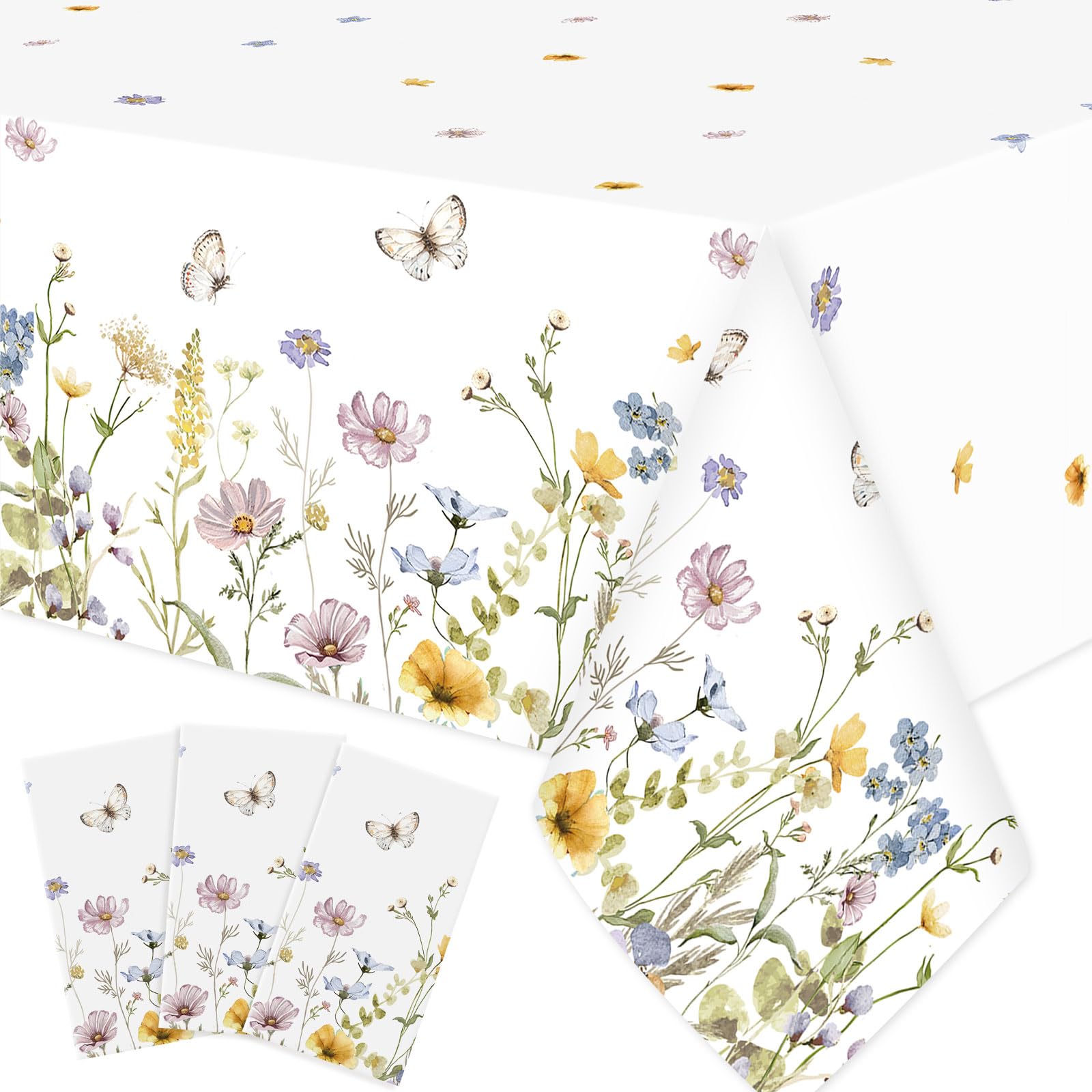 Ganeen 3 Pcs Floral Tablecloth Wildflower Butterfly Disposable Plastic Tablecloth Rectangle Table Covers for Summer Spring Holiday Weeding Birthday Tea Party Supplies and Decoration, 54 x 108 Inch